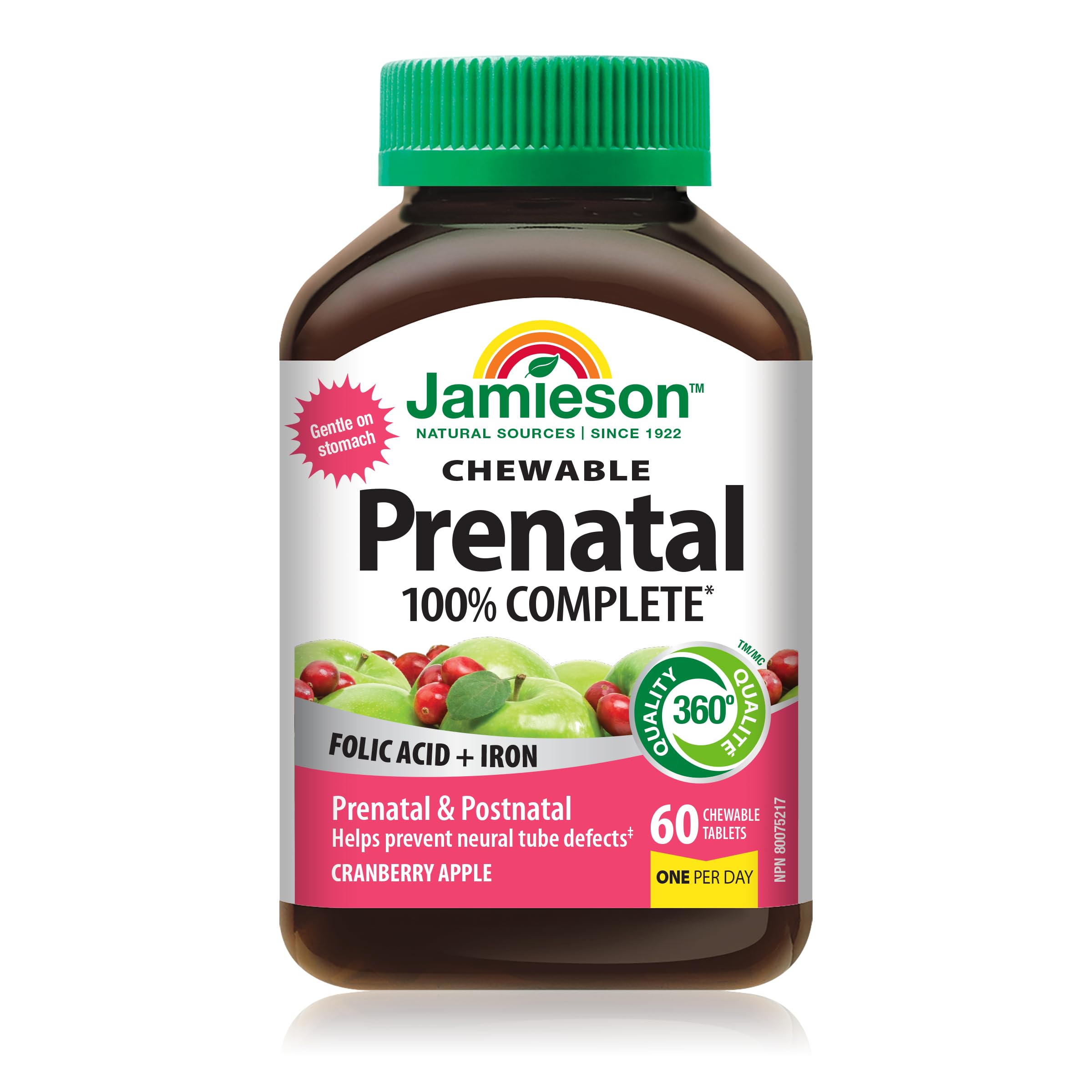 Jamieson Prenatal 100% Complete Multivitamin Chewable Cranberry Apple Flavour, with Folic Acid and Iron. Formulated for Prenatal and Postnatal, and While Breastfeeding, Prevents Neural Tube Defects, No Artificial Colours or Flavours, One Per Day, 60 Count