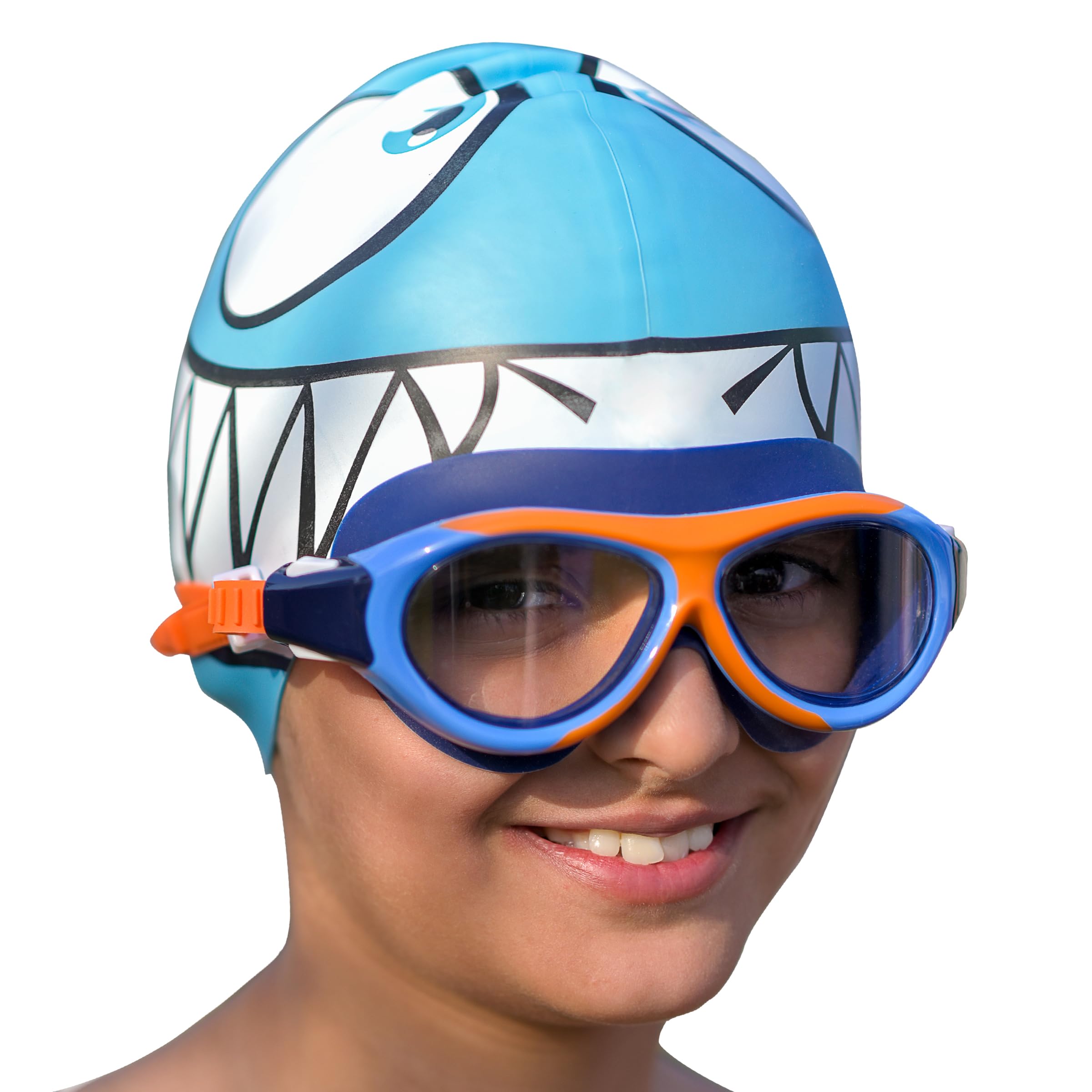 SLOVIC Orange Swimming Goggles & Blue Shark Printed Swimming Caps for Kids | Waterproof | Anti-Fog Glasses | Perfect Fit for Boys & Girl | Swimming Caps for Kids 6-14 | No Hair Pulling | Free Size Cap (B0CWMXKJ11) Amazon Price History, Amazon Price Tracker