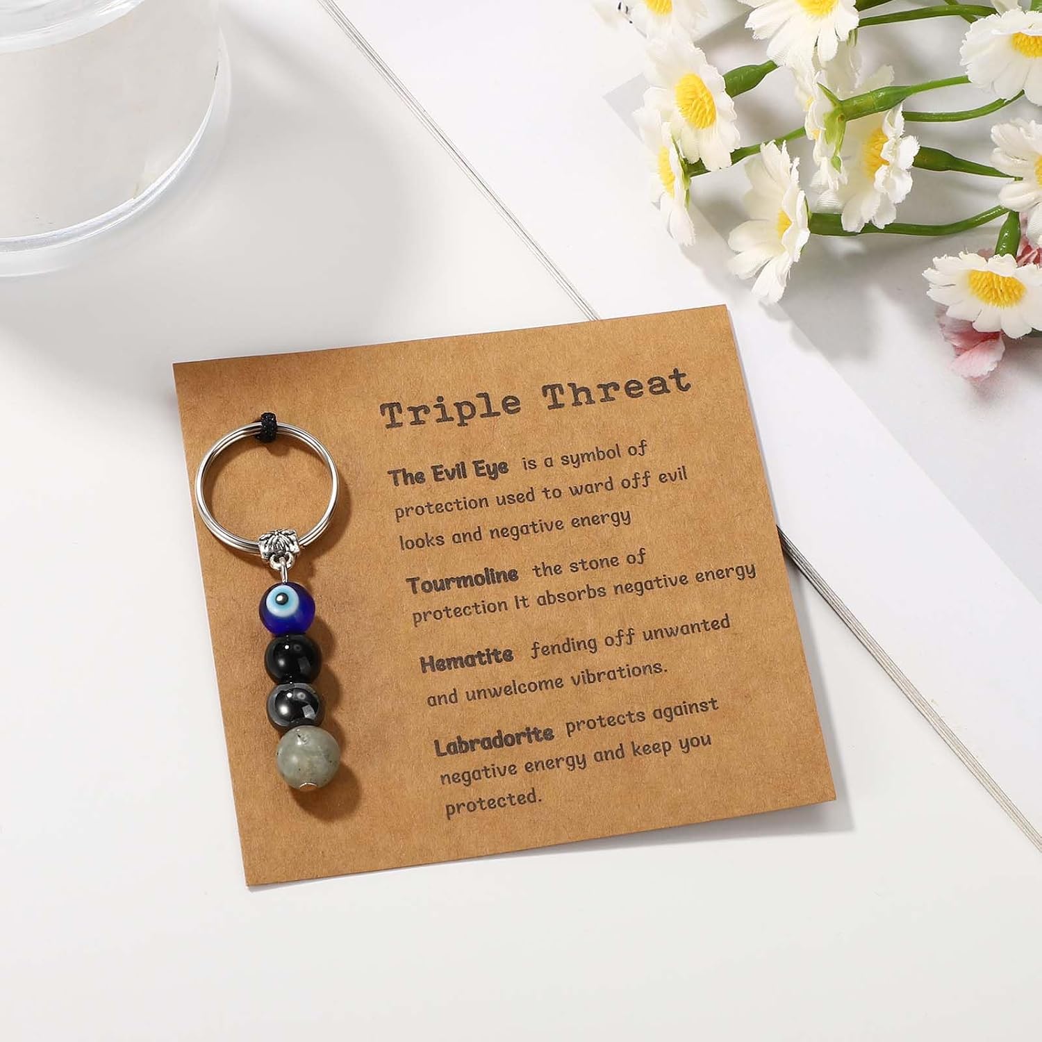 Evil Eye Keychain Crystal Keychain, Good Luck Keychains Evil Eye Key Chain with Card Relaxation Gift Fit Women Inspirational Keychains for Friend Family Member Coworkers