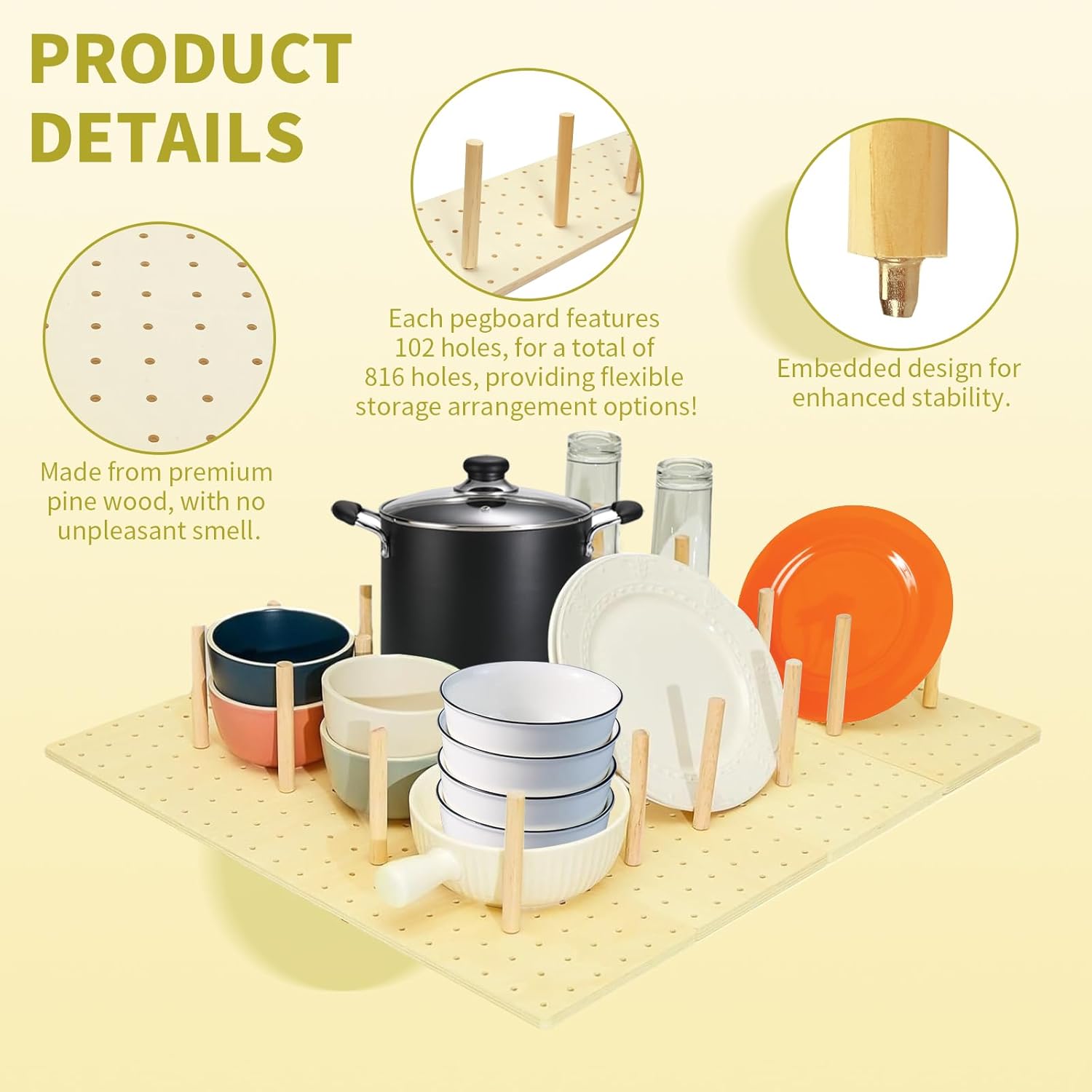 8 Pcs Wood Pegboard Drawer Organizer with 80 Pcs Pegs Wooden Peg Shelf Organizer Adjustable Drawer Peg System for Dishes Plate Pot Cookware Utensil Kitchen (17 x 5.91 in)