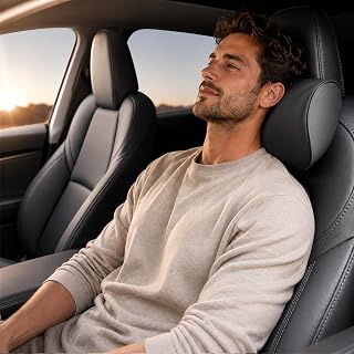 HOPON 2025 Upgrade Headrest Pillow for Tesla Model 3 Model Y with Adjustable Strap,Fits All Vehicles,Car Neck Pillow with Leather,for Head,Neck,Shoulders,Multipurpose,Car Accessories 1 Pack (Black)