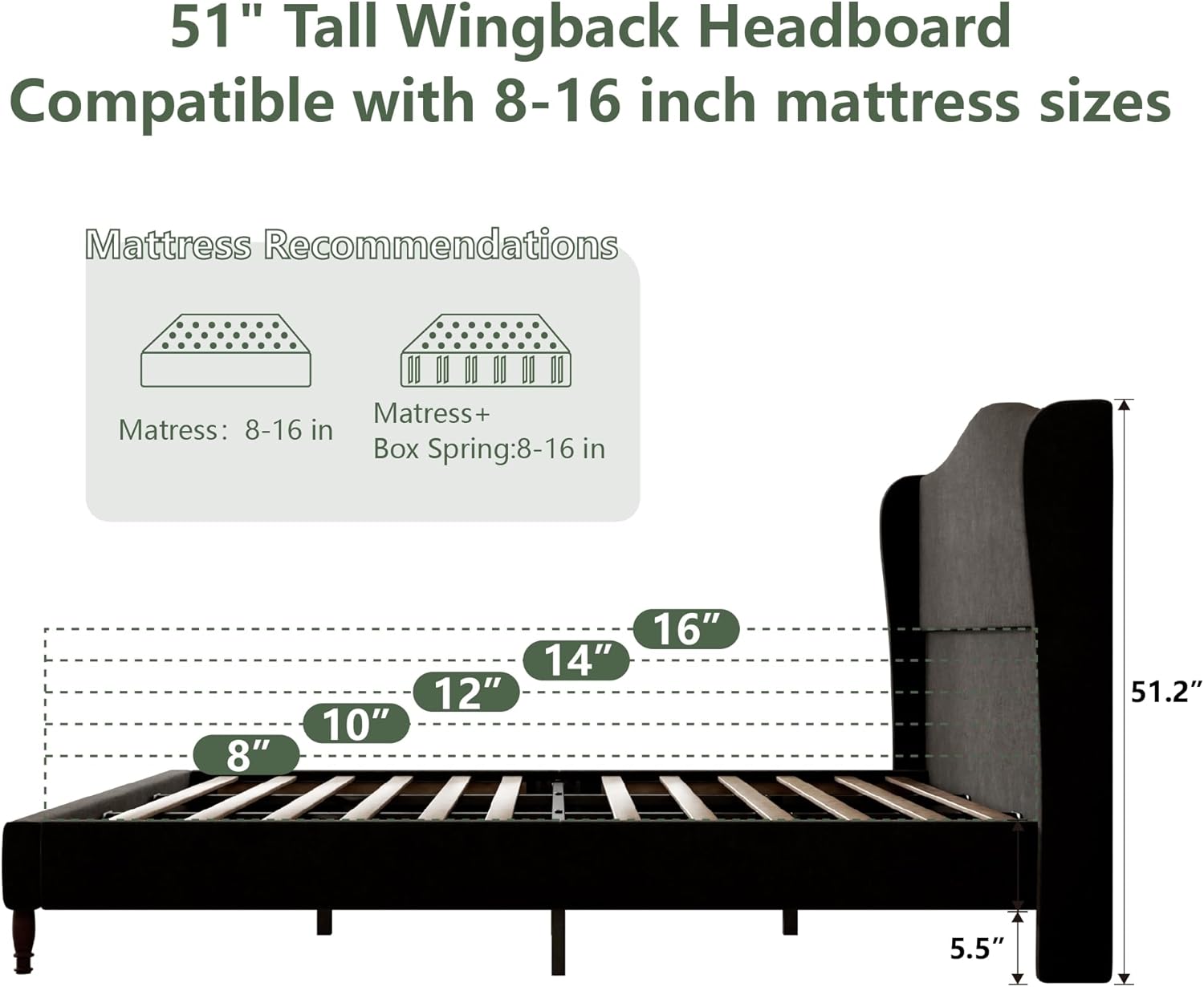 Queen Size Upholstered Platform Bed Frame, 51" Tall Chenille Fabric Headboard with Classic Curved Wingback Design, Vintage Solid Wood Legs, No Box Spring Needed, Easy Assembly & Noise-Free, Black