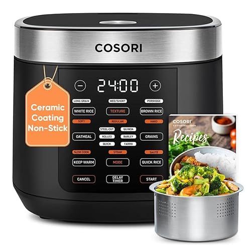 COSORI Rice Cooker 10 Cup, 24h Keep Warm, Non-stick Ceramic Inner Pot, 18 Functions Fuzzy Logic Rice Maker with Stainless Steel Steamer Basket, Sauté, Slow Cooker, Black