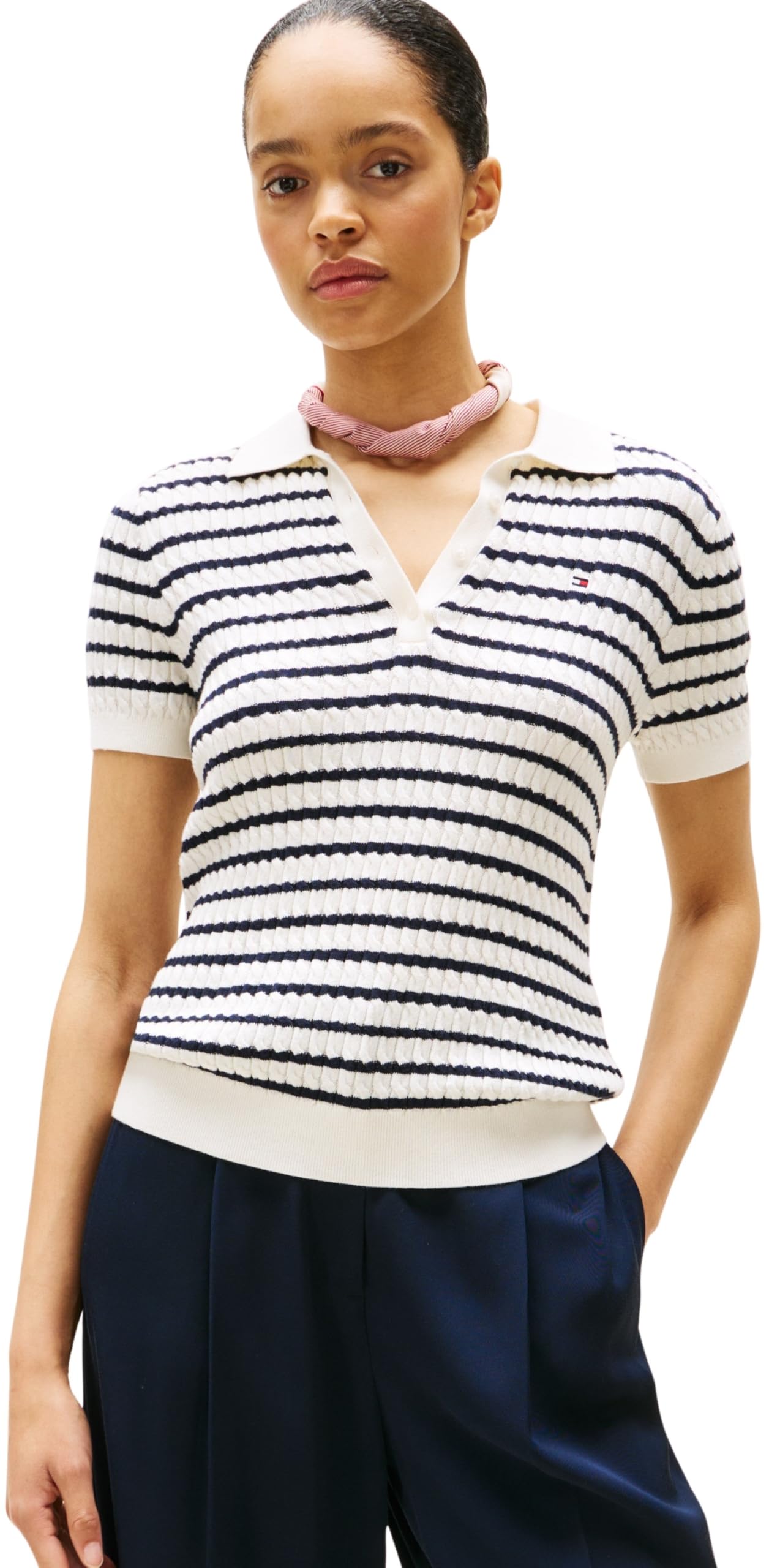 Tommy Hilfiger Damen Poloshirt Kurzarm Cable Sweater mit Knopfleiste