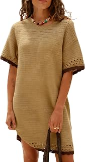 Women Short Sleeve Crochet Knit Dress Color Block Crew Neck Mini Dress P...