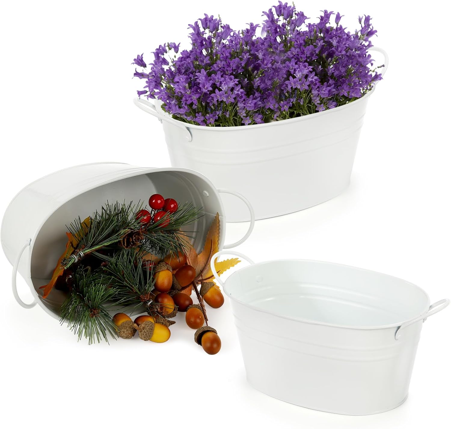 Foraineam 6 Pack Metal Flower Pots with Handles, Oval Flower Planter Tubs Floral Arrangement Bucket Plant Pot Holders, Garden Succulent Cactus Container for Indoor Outdoor Wedding Party Events Decor