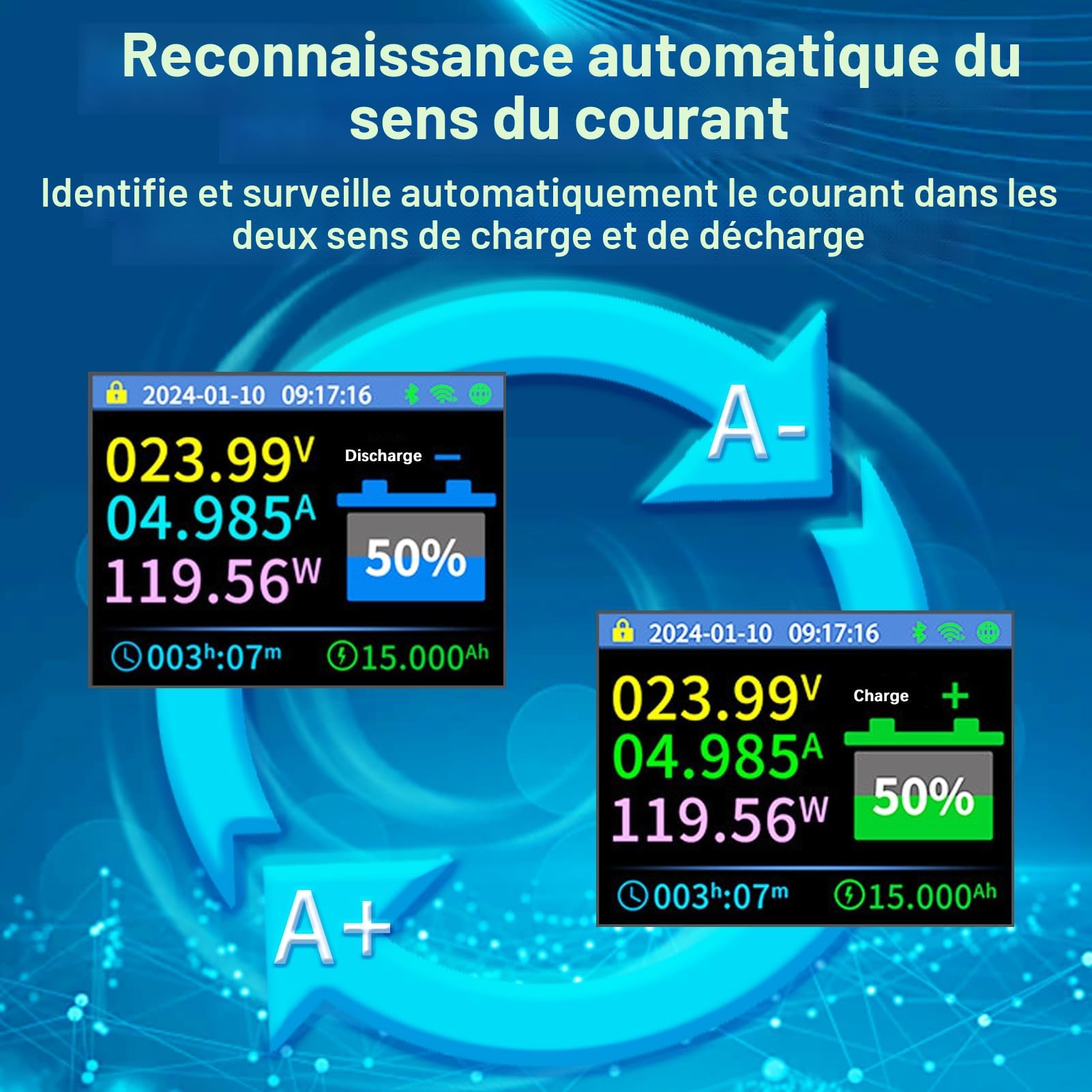 100A wifi moniteur batterie 12V 24V 36V 48V 72V moniteur batterie 10-100V affichage tension app télécommande moniteur batterie caravane garde batterie (KM110F avec alarmes)