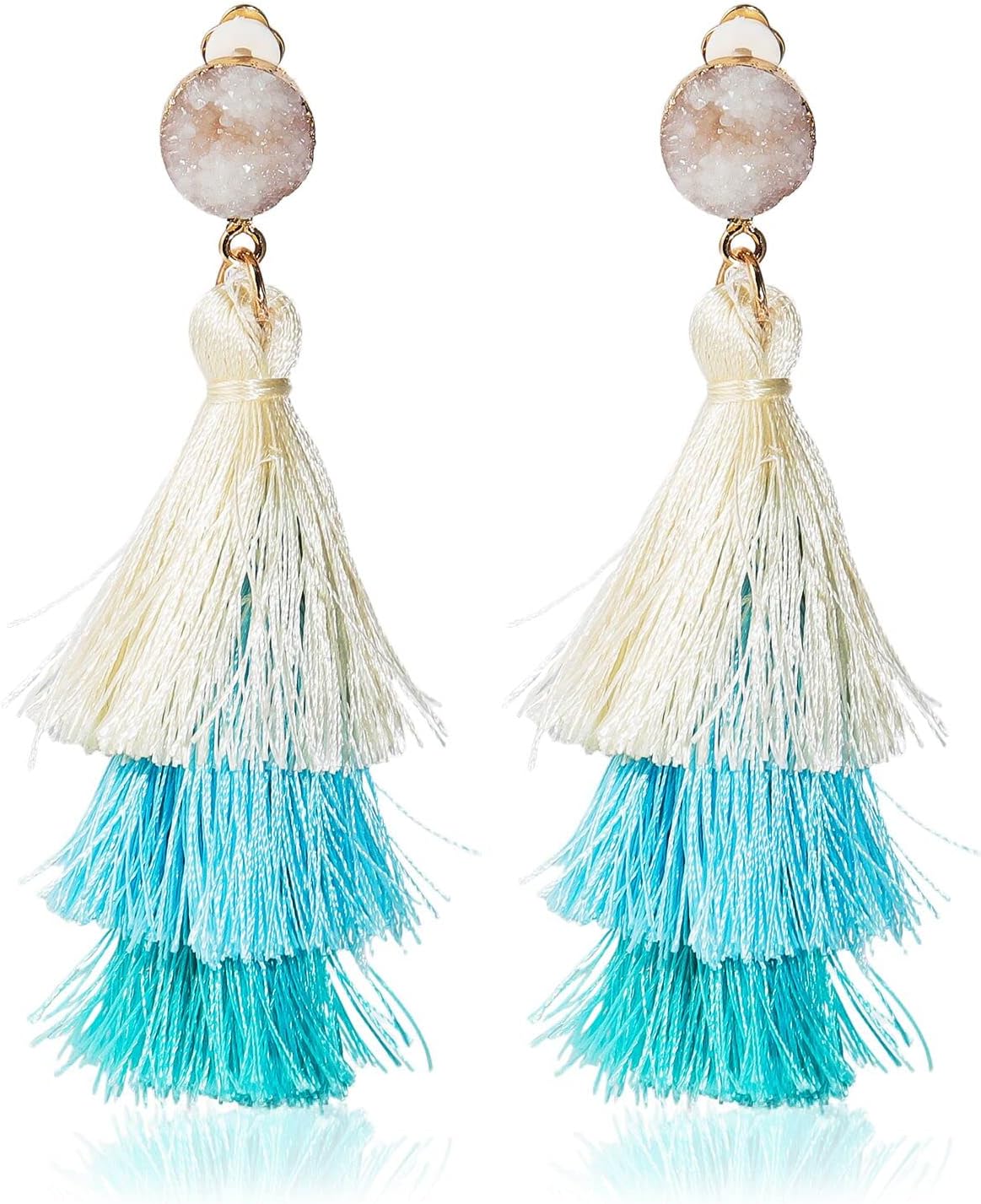 Boho Statement Tassel Clip On Drop Earrings - Feather, Non-Piercing, Dangling Fringe Earrings for Women - Vacation, Beach, Bride, Bachelorette, Costume, Prom Jewelry