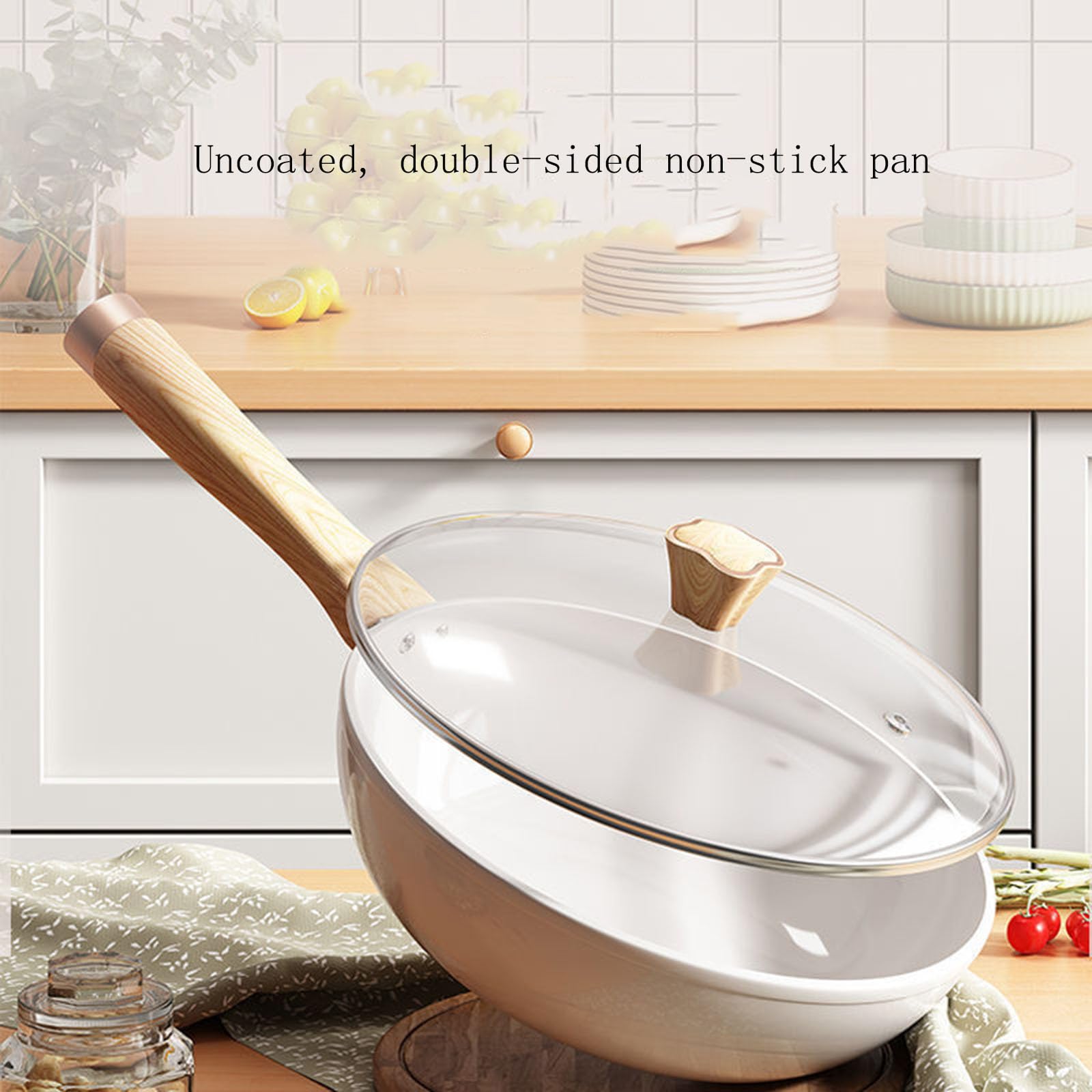 Ceramiczna Patelnia Wok, Woks Bez Powłoki Domowej I Paszterze Nonstick, Gładka Oszklona Powierzchnia, Przybory Kuchenne Do Indukcji I Pieców Gazowych(Size:32CM)