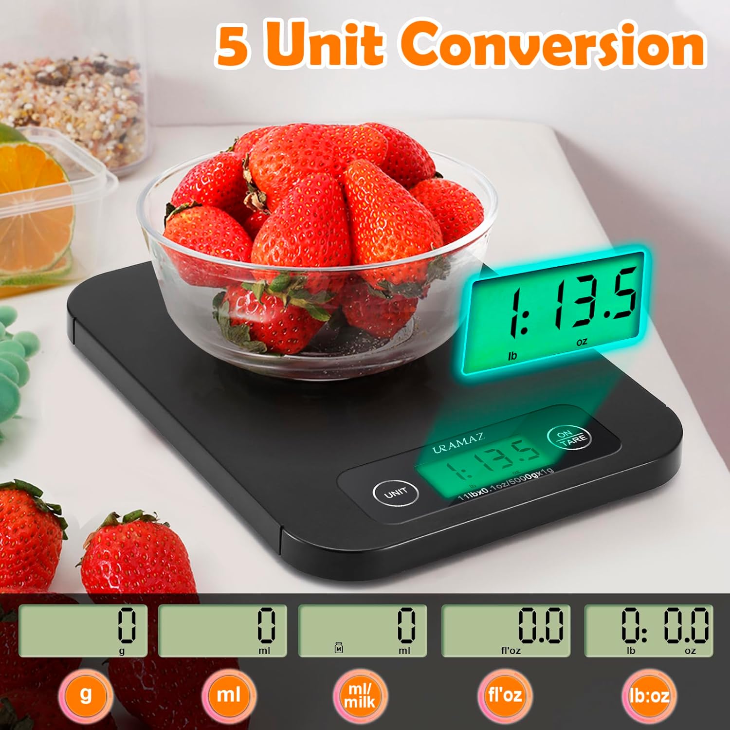 URAMAZ food scale displaying different measurement units like grams, milliliters, fluid ounces, and pounds:ounces.