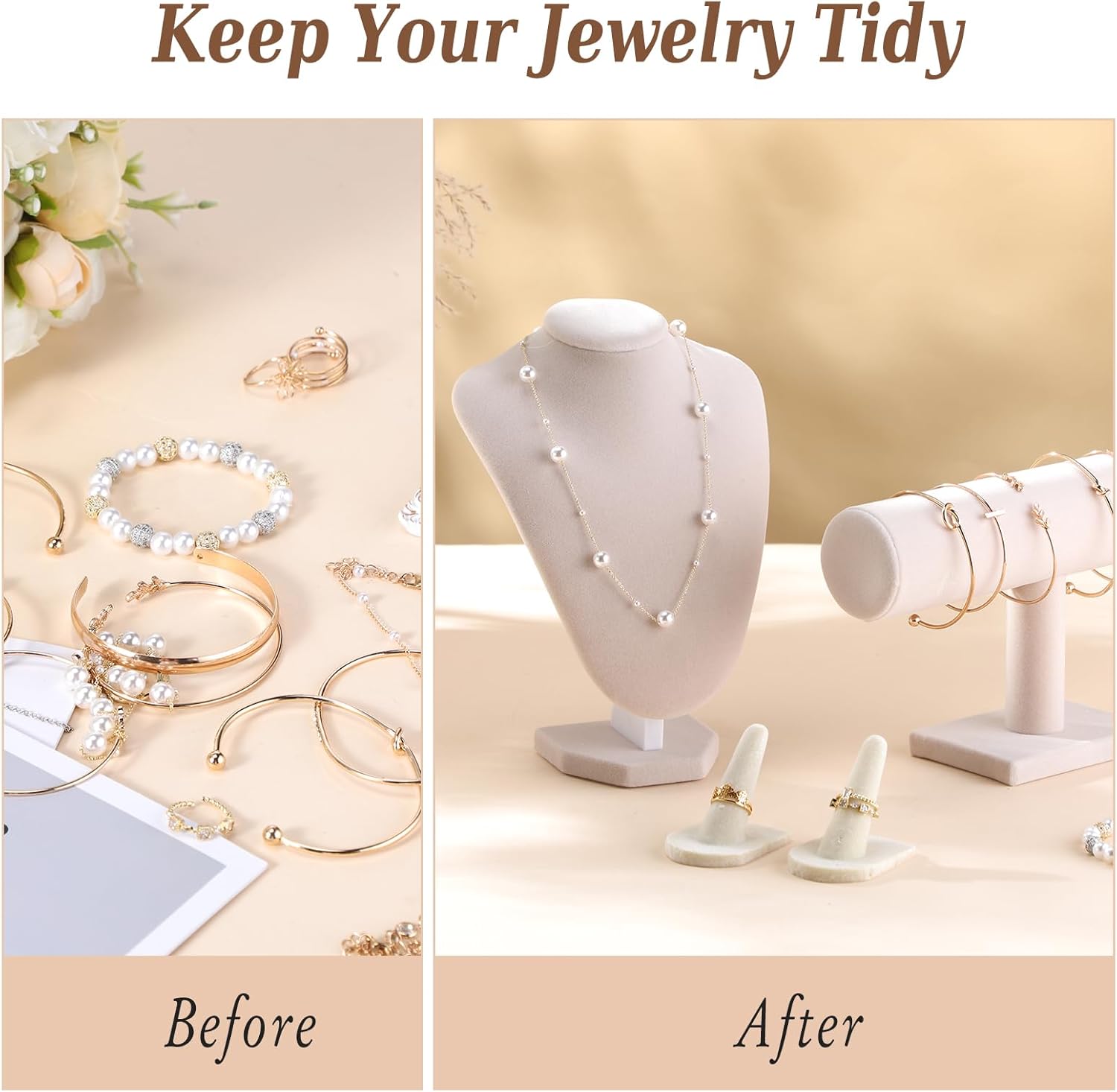 Wenqik 4 Pcs Velvet Jewelry Display Set Velvet Necklace Bust Holder Bracelet Organizer 2 Ring Finger Jewelry Holder