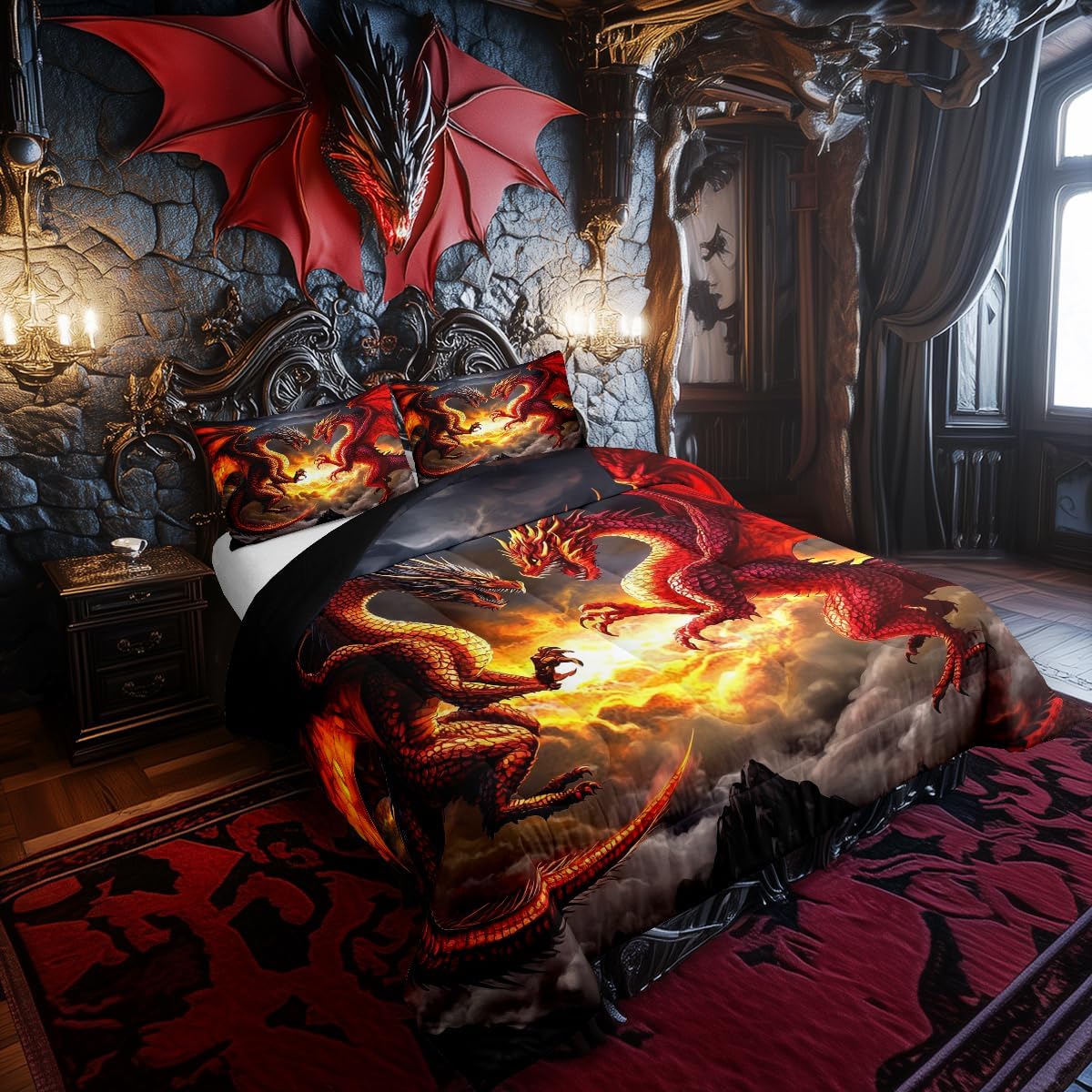 Castle Fairy Western Dragon Bedding Set Full Size Fierce Wildlife Animal Comforter for Kids Teens Boys Girls Flying 3D Dragon Down Comforter Ombre Clouds Shadow Duvet Insert with 2 Pillowcases