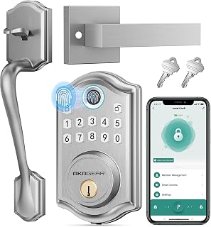 DS10 Pro Keyless Entry Door Lock with Handle Set, Smart Front Door Locks Set, Electronic Keypad, Fingerprint Deadbolt, Bluetooth APP Control, Auto-Lock & One Touch Locking, Satin Nickel