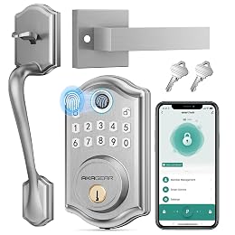 AkaGear DS10 Pro Keyless Entry Door Lock Deadbolt with Handle Set, Smart Front Door Locks Set, Electronic Keypad, Fingerprint Door Lock, Bluetooth, Auto-Lock, APP Control, Code Unlock, Satin Nickel