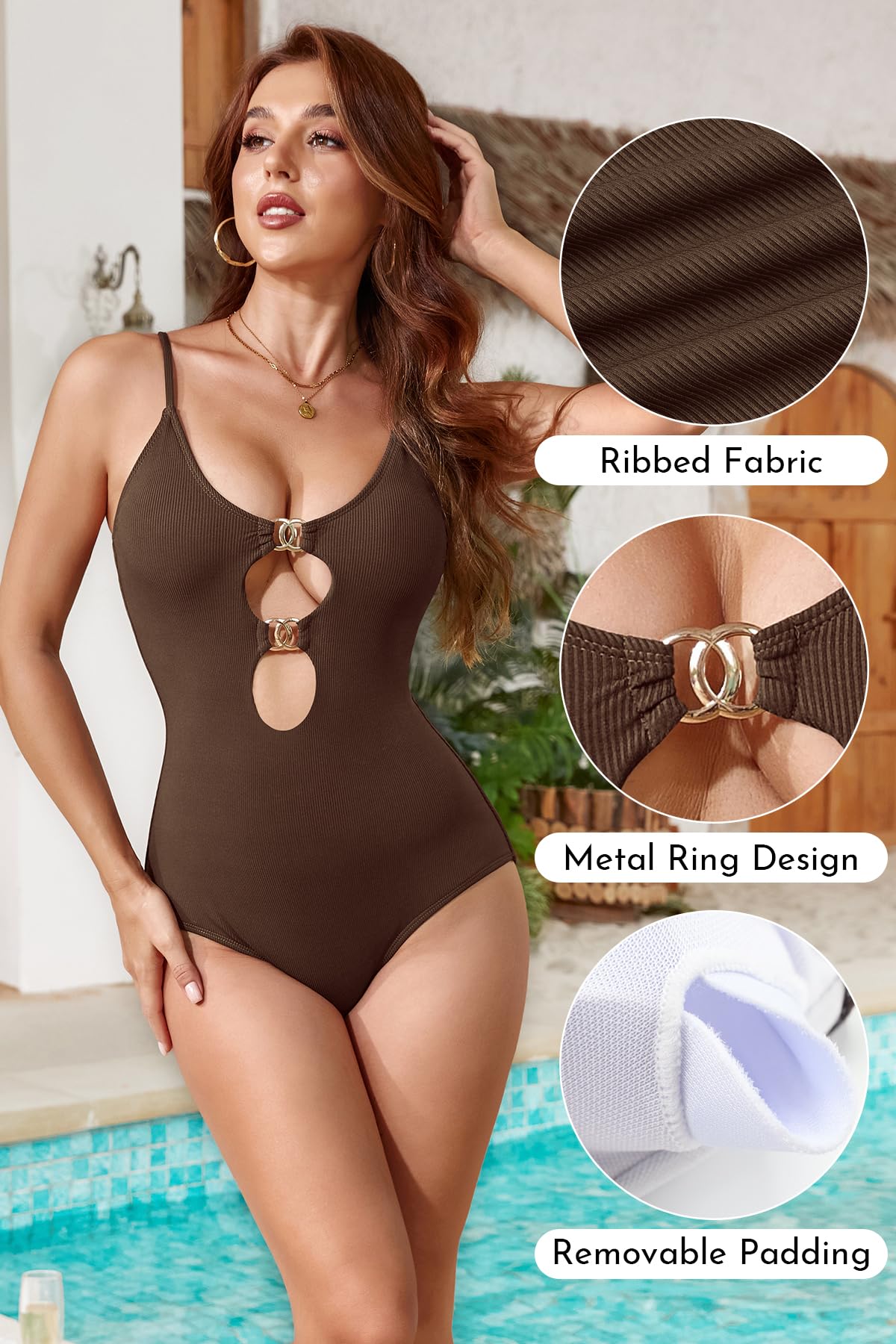 SHEKINI Tissu de Maille Côtelée Maillot de Bain Femme 1 Pieces Cutout Femme Maillot de Bain Une Pièce