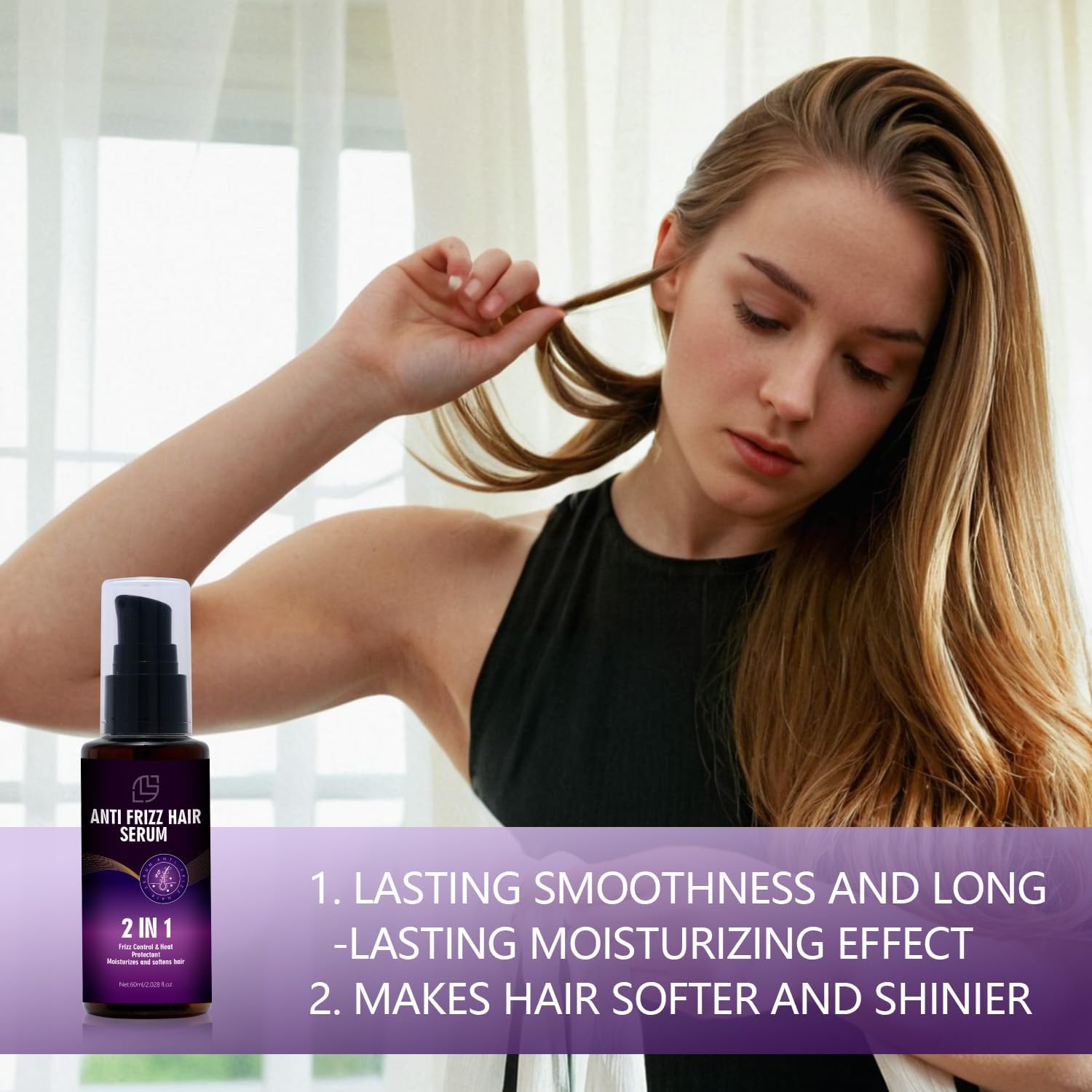 Anti Frizz Hair Serum for - 2 In1 Frizz Control &Heat Protectant with Camellia Japonica Seed Oil for Frizzy, Dry & Damaged Hair - Nourishes and Repairs Hair for Shine and Softness 60mL(2.028 fl.oz）