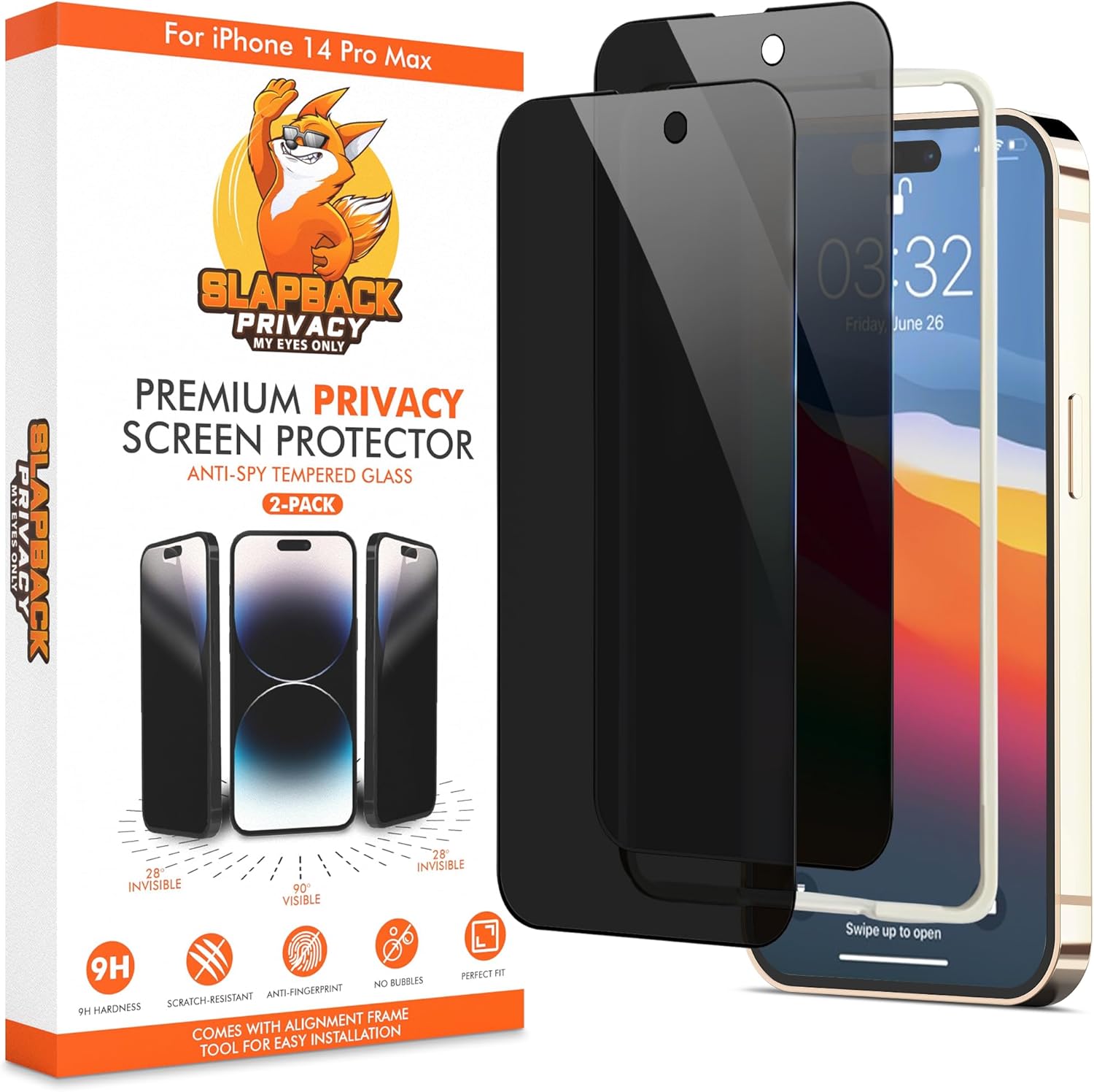 Slapback Premium Privacy Screen Protector for iPhone 14 Pro Max [2-Pack] [6.7 inch Display] Anti-Spy 28 Degree Blackout 9H Hardness Full Coverage Tempered Glass Easy Install Frame Case-Friendly