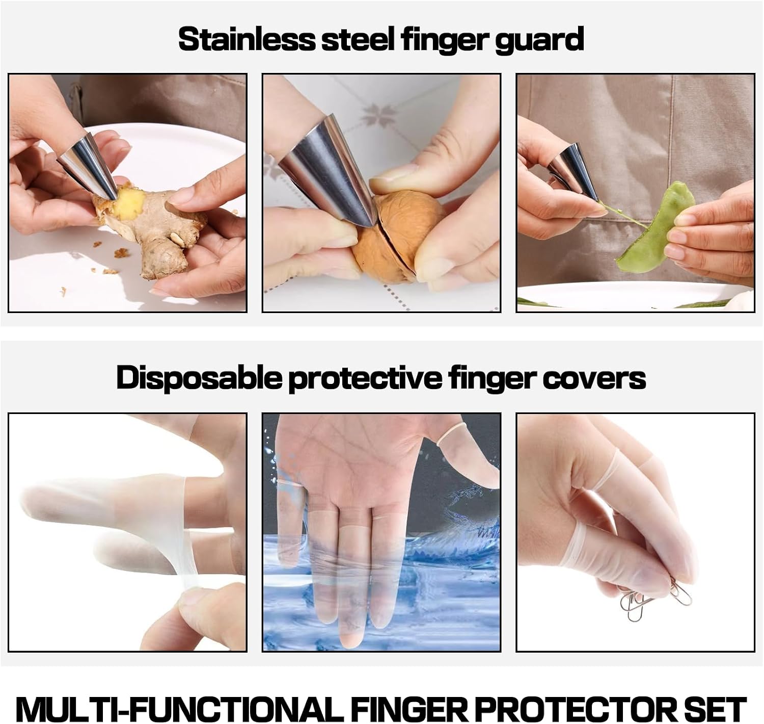 5 Pcs Stainless Steel Finger Guards & 50 Pcs Disposable Finger Cots | Adjustable Thumb Guards for Peeling, Metal Finger Protectors for Kitchen Cutting, Cooking & Nail Art