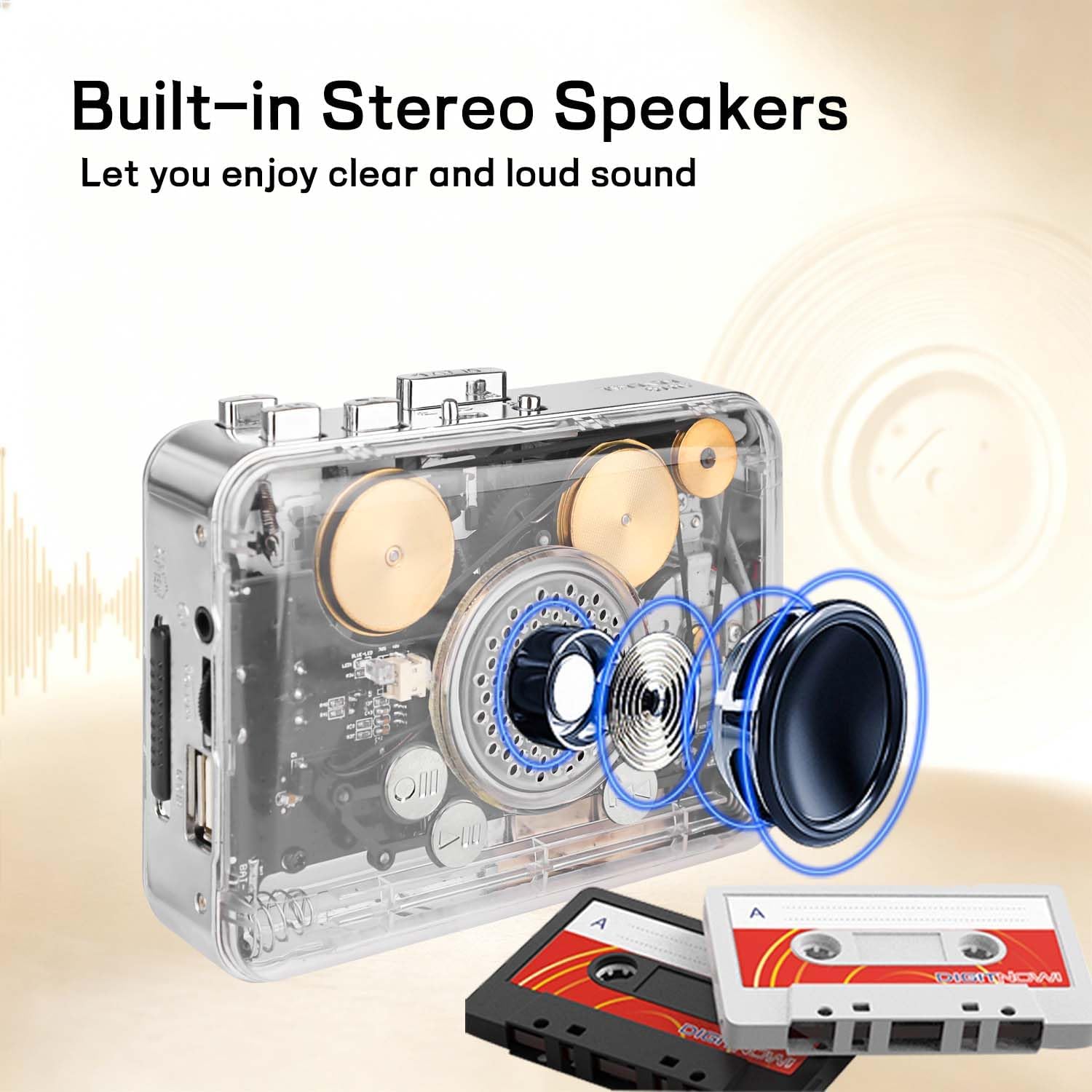 Auto‑Reverse Cassette Player with Speaker, Transparent See‑Through Shell Copper Wheel Tape Walkman, Digitize Cassette to MP3 onto USB Flash Drive, Dual Power, Stereo Earphones Included (Silver) image 4