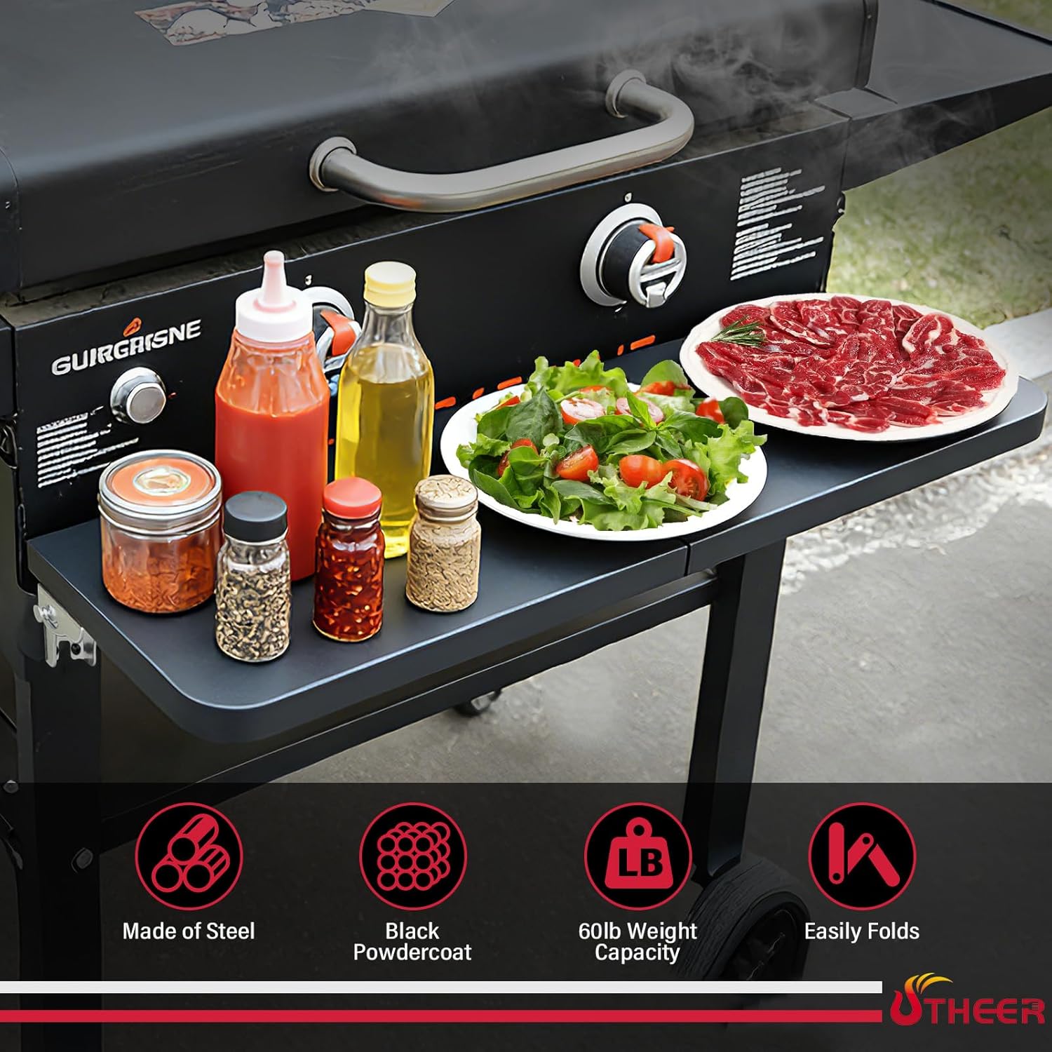 Utheer Upgraded Folding Front Shelf for Blackstone 28 Inch Griddle 1883 2415 2311 2269 1883 2147 1885, Heavy-Duty 29" × 7" Steel Prep Table, 60 lb Load, Space-Saving Fold-Flat Work Surface