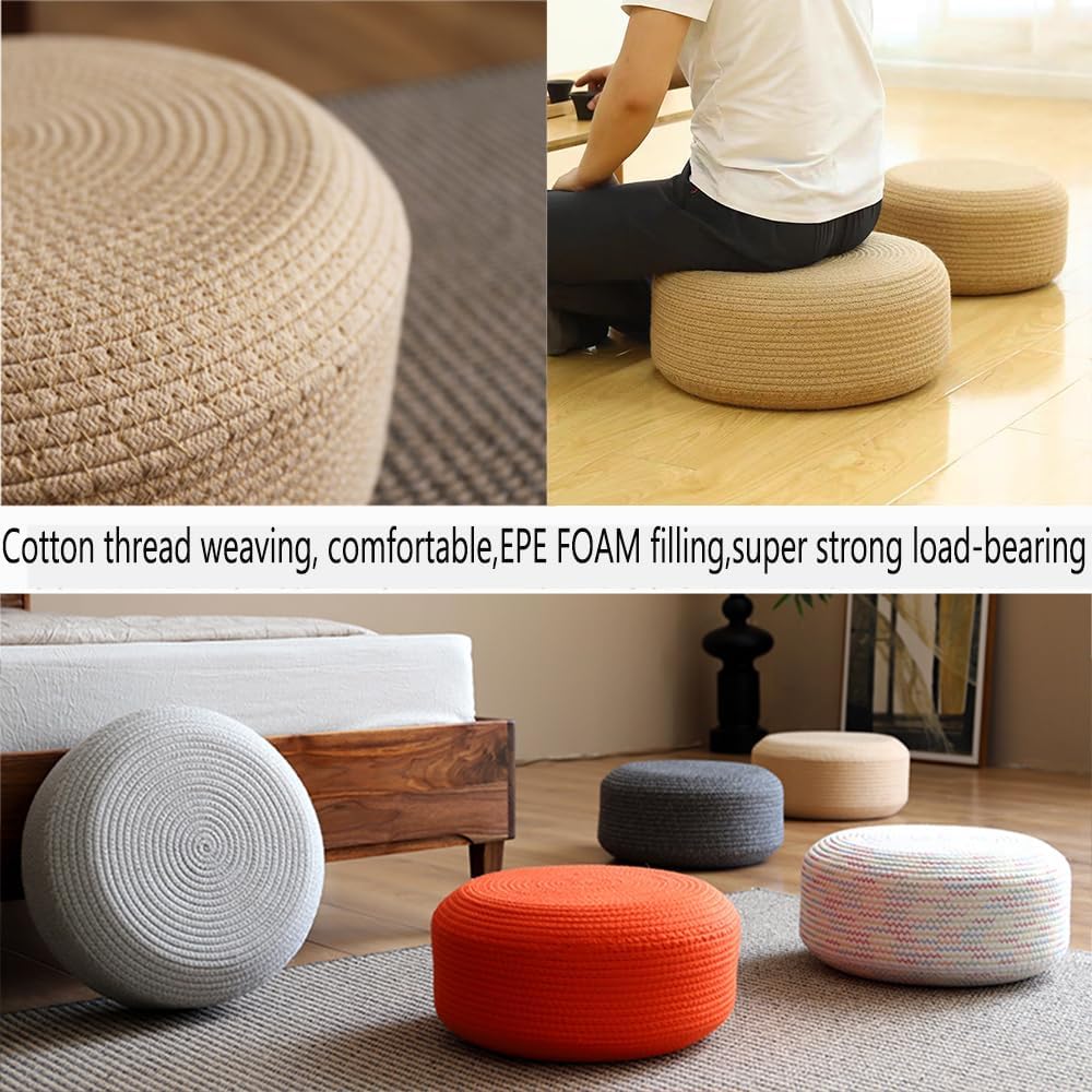 Round Pouf, 15.7Wx15.7 Dx 7.8" H Footstool, Upholstered in Natural Cotton with Hand Cotton Thread Weaving, for The Living Room, Bedroom and Room, Boho,D,40x40x20cm