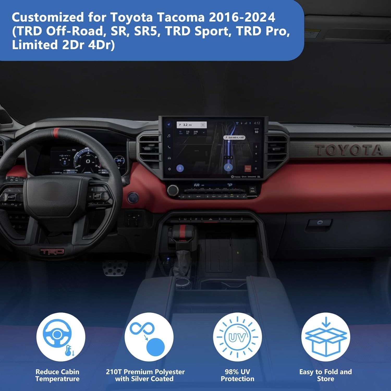 for Toyota Tacoma Windshield Sun Shade 2025 2024 2023 2022-2016, Window Sunshade Car Accessories Fit Tacoma 2Dr 4Dr Pickup Foldable Limited 2Door 4Door Truck Sun Visor Protector, Keep Car Cool image 3 of 6 B0B7WB1TPV