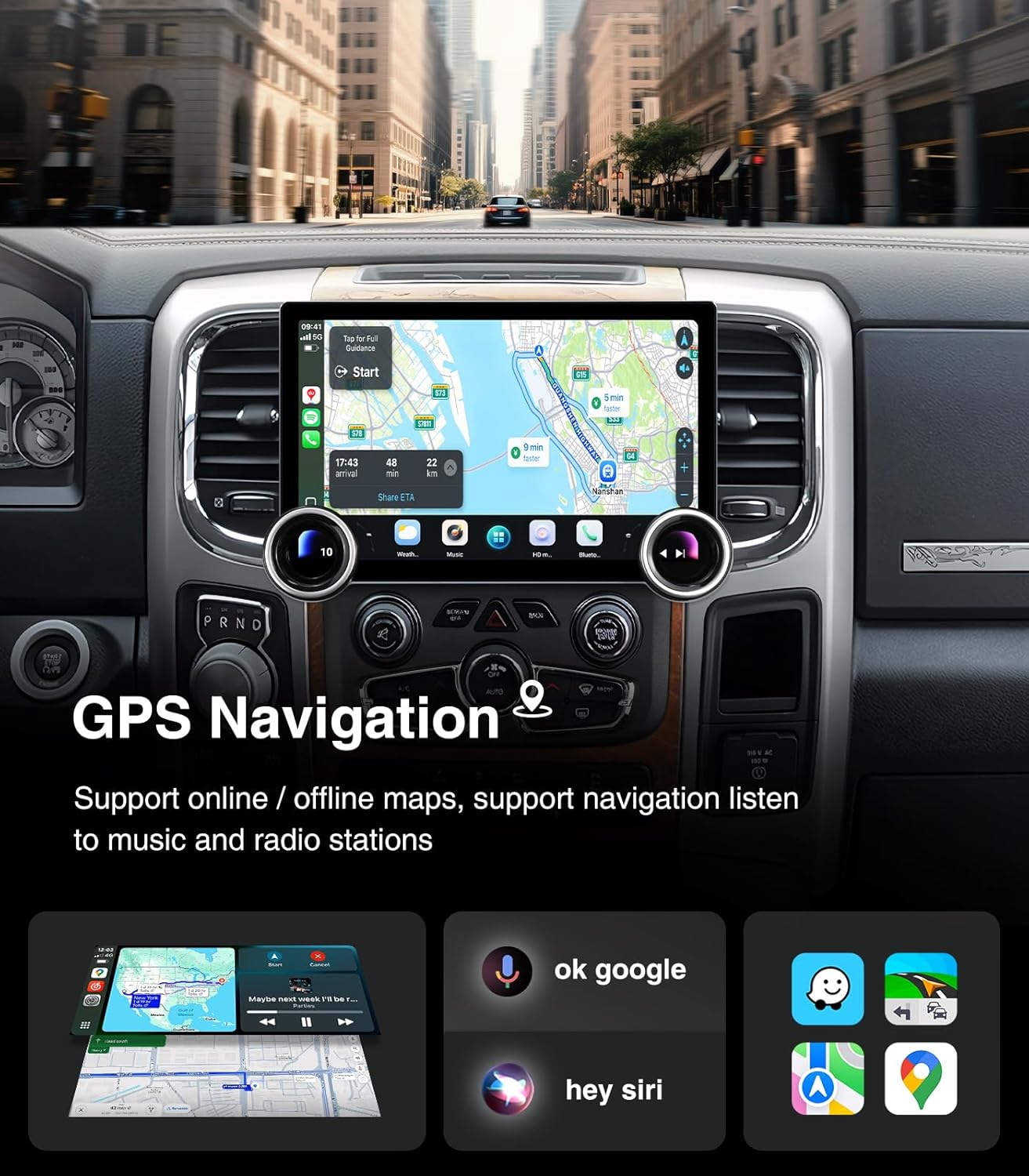 Car stereo displaying a GPS navigation map with voice command options for 'ok google' and 'hey siri'.