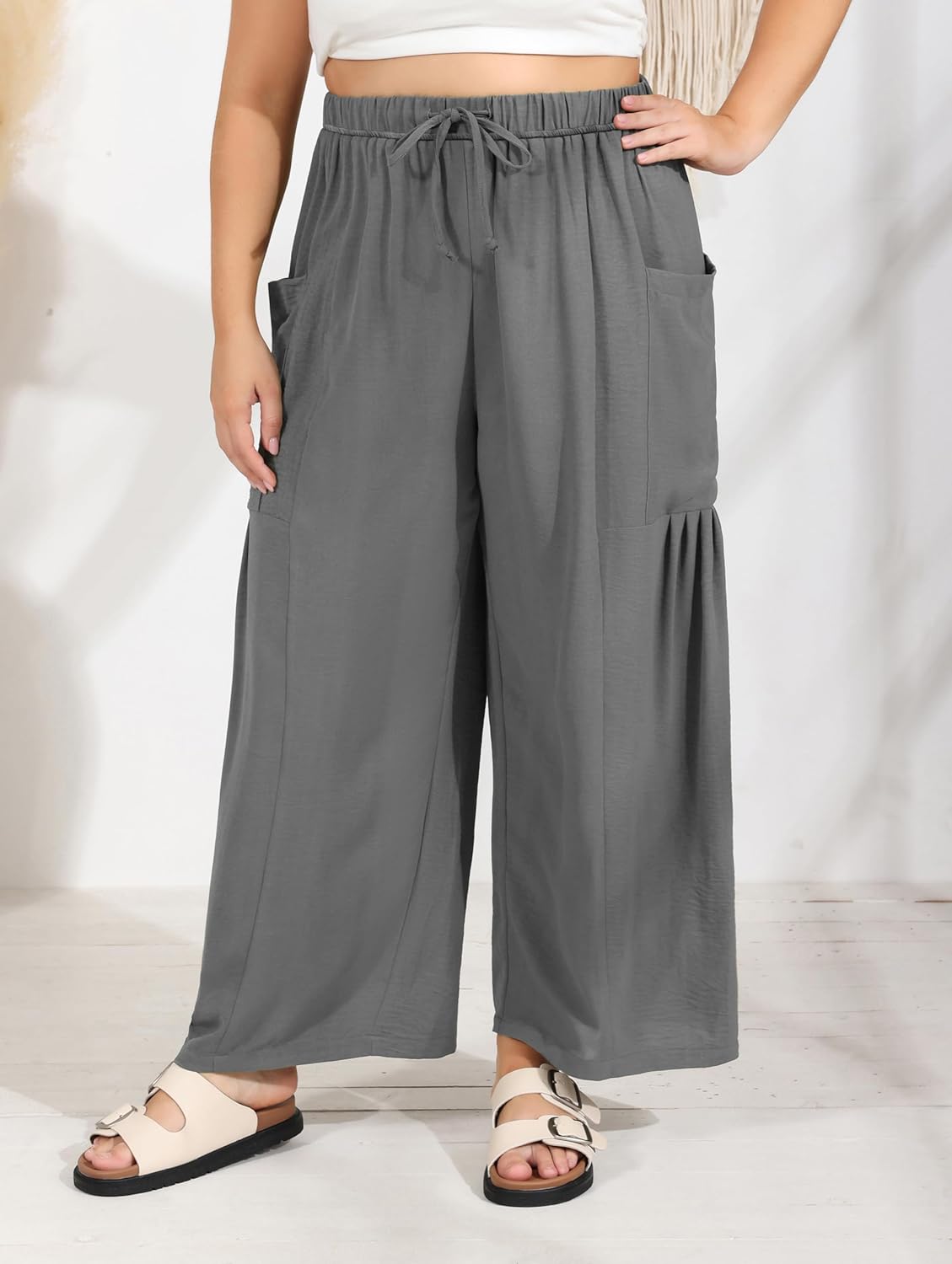 SEKINO Women's Plus Size Wide Leg Palazzo Pants Drawstring Casual Loose Beach Travel Vacation Flowy Lounge Pants with Pockets - Image 2