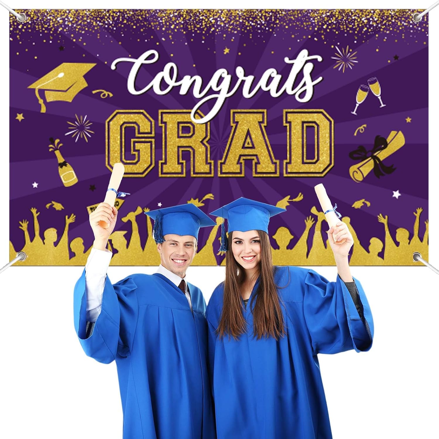 Purple Gold Graduation Banner Backdrop Class of 2026 Graduation Party Decorations Supplies Congrats Grad Fabric Backdrop Background for High School College University Indoor Outdoor 71 x 43 in
