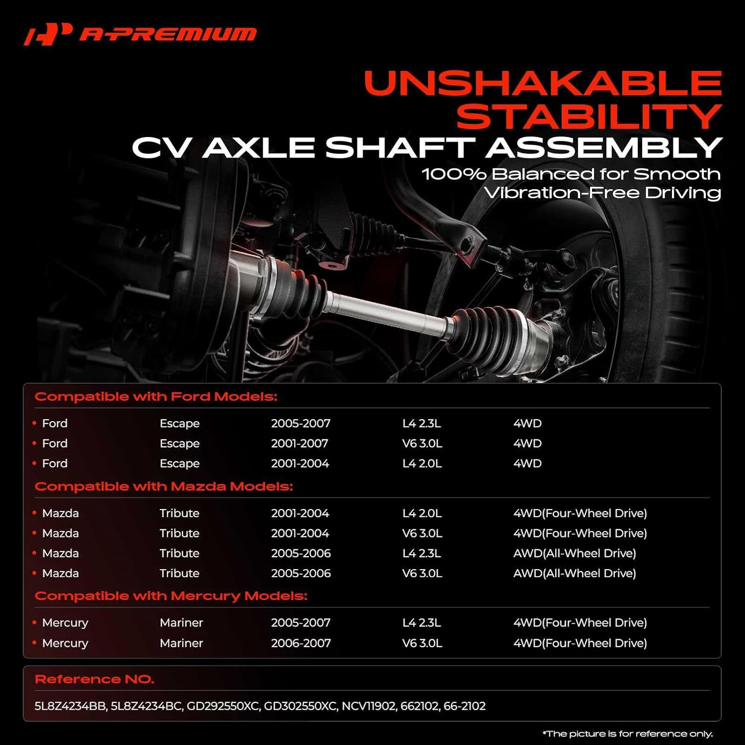A-Premium CV Axle Shaft Assembly Compatible with Ford, Mazda & Mercury Models - Escape 2001-2007 4WD, Tribute 2001-2006 4WD AWD, Mariner 2005-2007 4WD - 2.0L 2.3L 3.0L - Rear Right Passenger Side