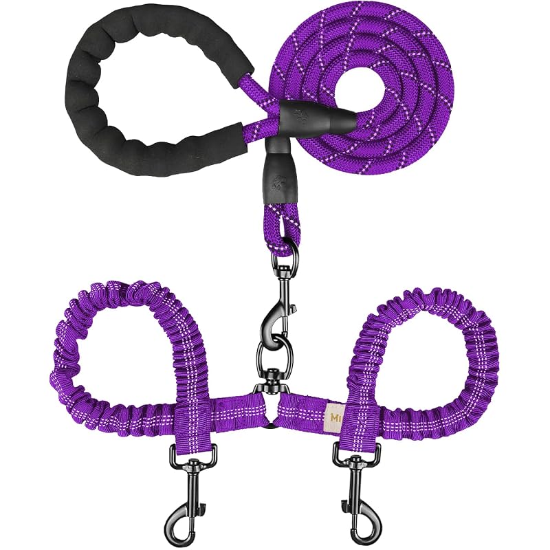 Guia dupla para cães MingXpets com giro 360°, corda elástica e refletiva, Roxo (Large)