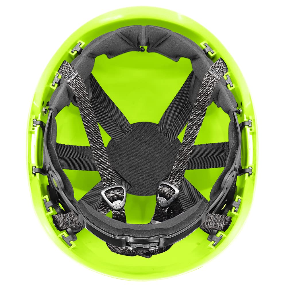 Bullhead Safety Head Protection HH-CH1-YG - High-Visibility Yellow/Green Climbing Style Protective Helmet with Six-Point Ratchet Suspension and Four-Point Chin Strap: Industrial & Scientific