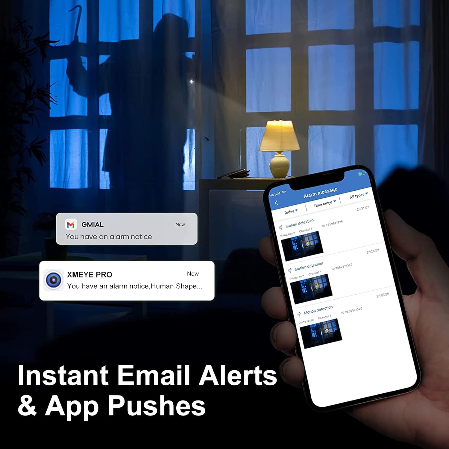 Smartphone screen showing push notifications for motion detection and human shape detection from the XMeye Pro app, with a background image of a person breaking into a house.