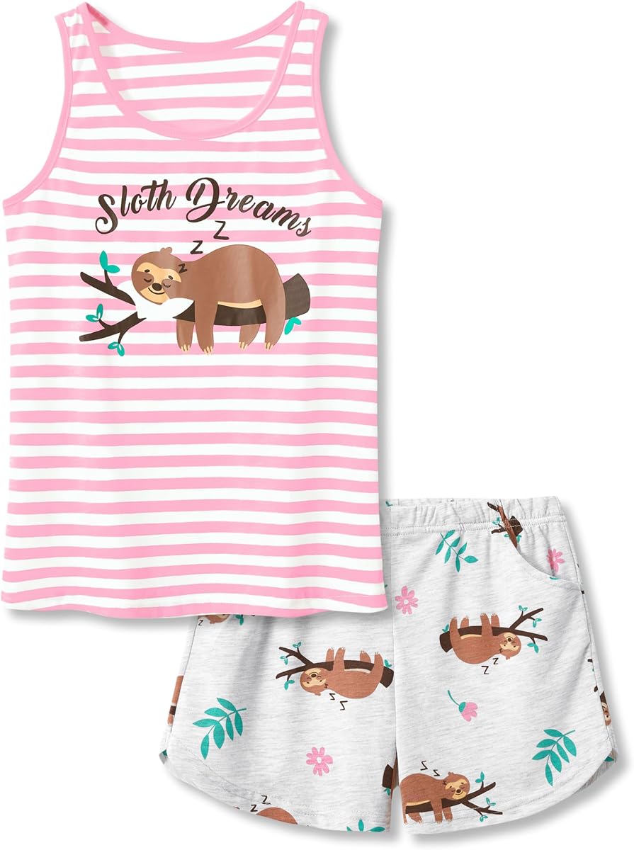 Girls Soft Striped Summer Tank Top & Shorts Pajama Set Sizes 6-18