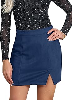 Women Faux Suede Sexy Mini Skirt with Slit High Waisted Zipper Back Pencil Bodycon Short Skirts