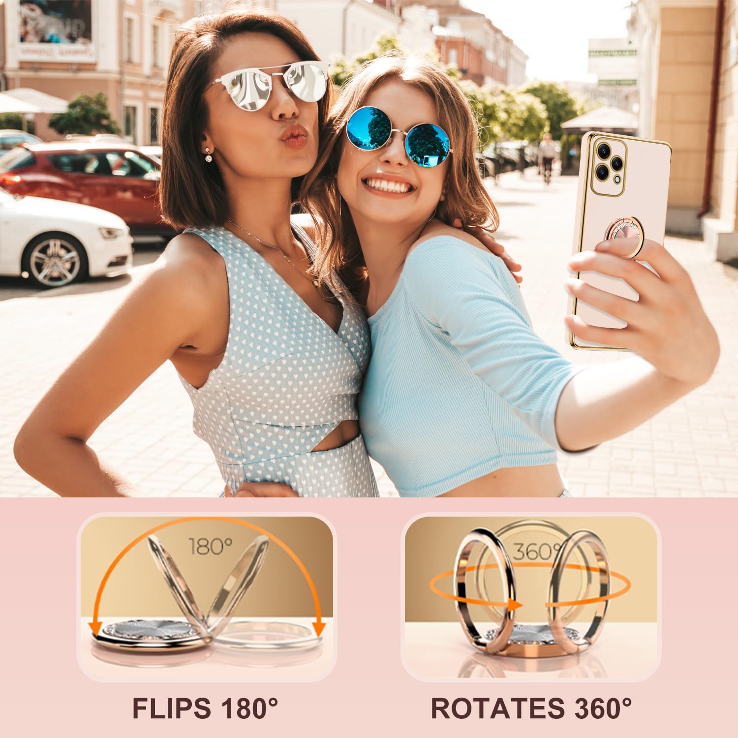 Custodia Honor 200 Con Cordino E Anello - Silicone TPU Antiurto, Supporto 360°, Rosa Con Dettagli Dorati - Foto 2