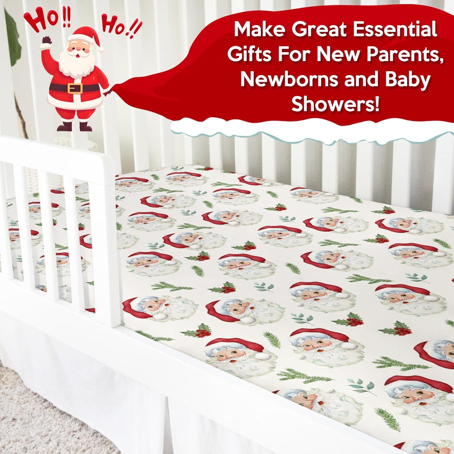 Cute Santa Claus Baby Crib Sheet 52''x28'' Christmas Cherry Fir Leaves Stretchy Fitted Crib Mattress Cover Boy Girl Winter Holiday Soft Nursery Bed Sheets Standard Crib Toddler Mattress