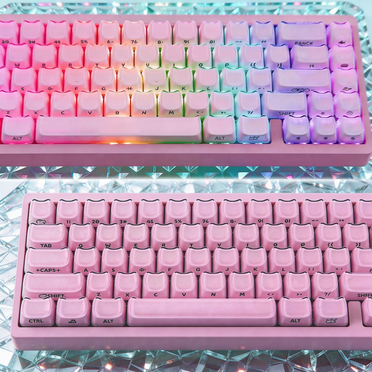 Hyekic Crystal Jelly Cat Shape Keycaps, 119 touches translucides rose mignonnes imprimées sur le côté Mao Profile Custom Keycap pour 61/68/84/87/98/100 Cherry Gateron MX Swithes Clavier mécanique