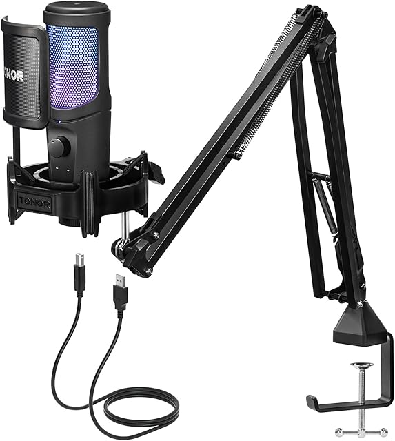 TONOR USB Gaming Microphone Kit for PC, Cardioid Condenser Computer Mic Bundle with RGB, Adjustment Boom Arm Stand for Podcast Streaming Recording Studio Singing Discord YouTube PS4/5 Gamer TC40 RGB