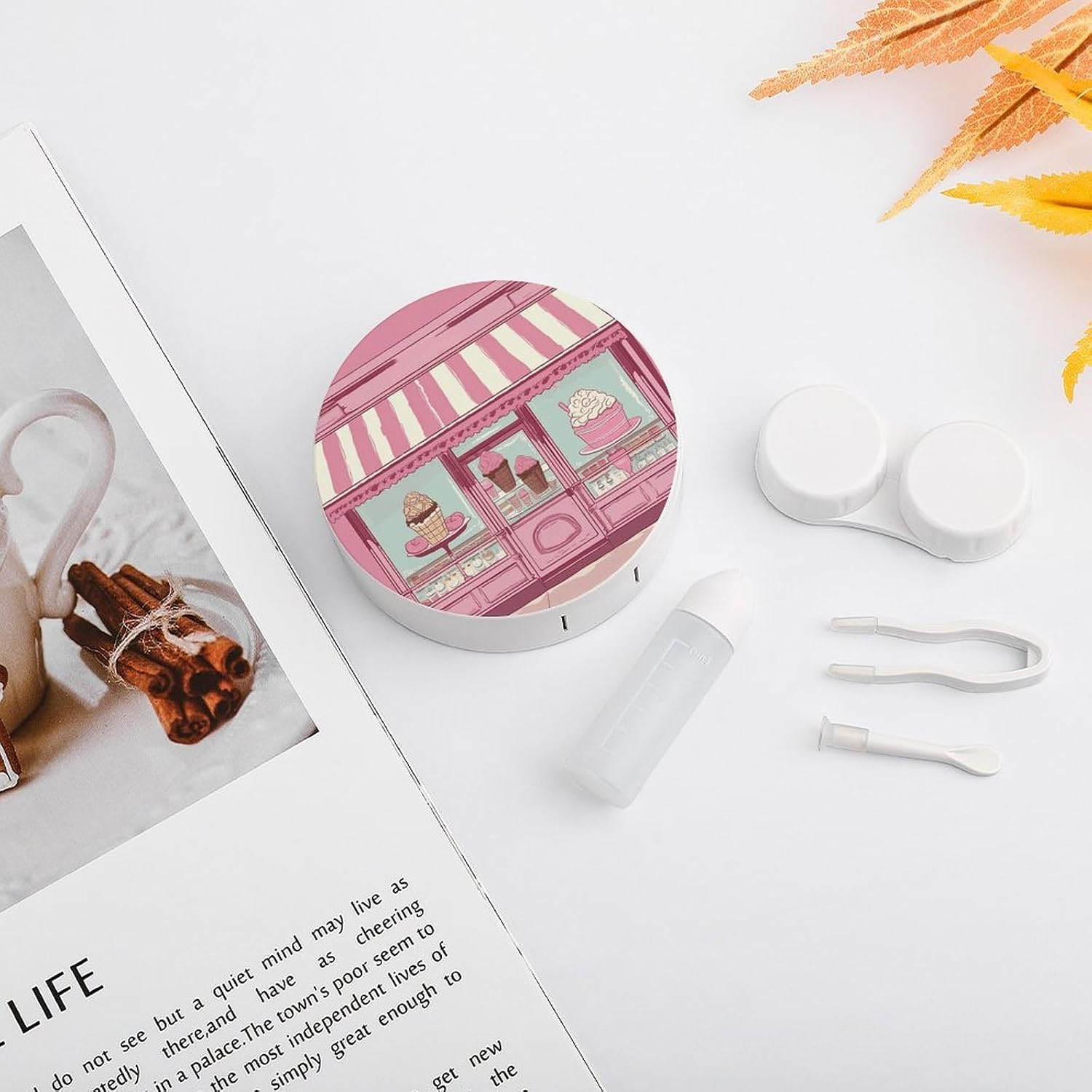 Ice Cream Store Pink Contact Lens Case Portable Contact Case Soak Storage Kit Cute Contact Lens Solution Bottle with Mirror Tweezers Solution Soaking Cases for Daily Travel Outdoor Use