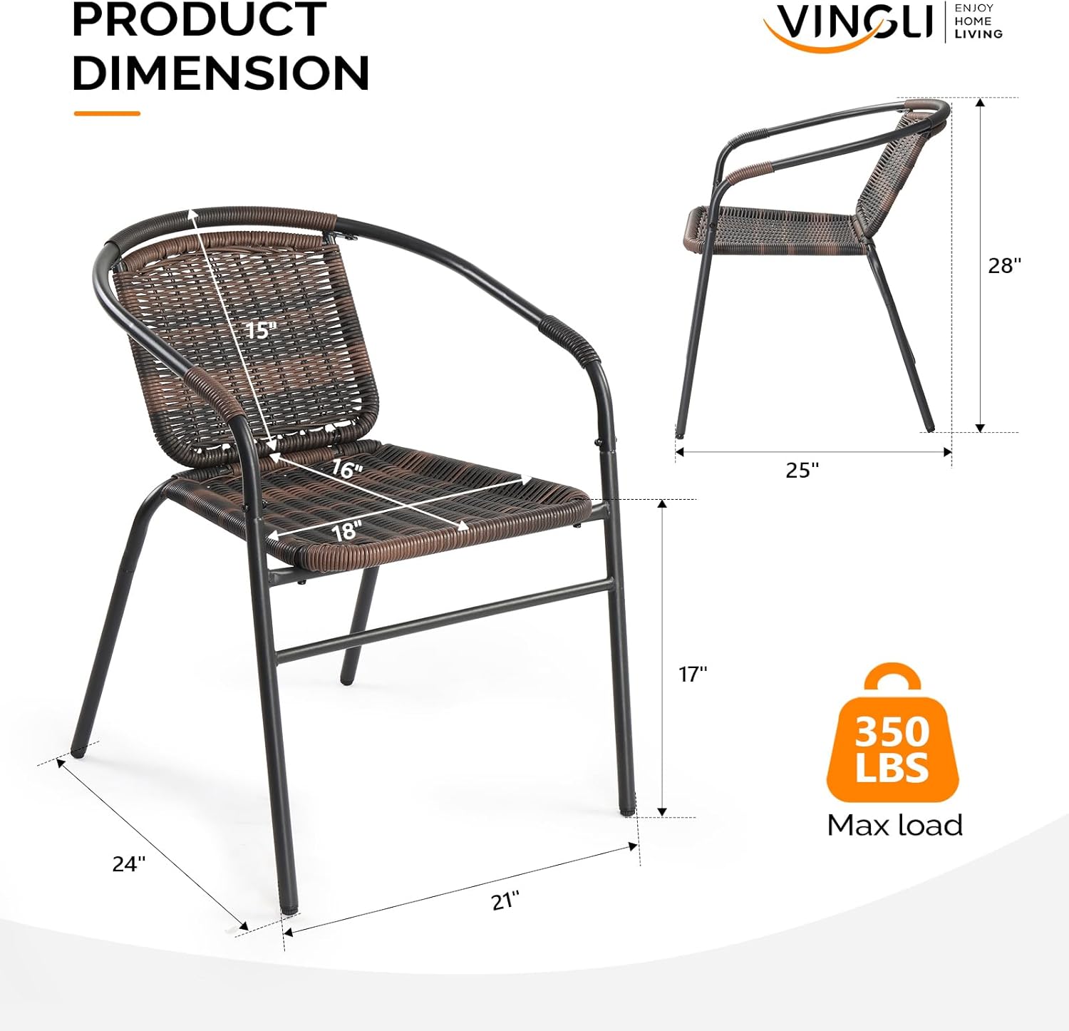 VINGLI Indoor Rattan Stacking Chair, Outdoor Stackable Dining Chair,Modern Wicker Stacking Chair for Porch,Patio and Restaurant,Brown (4 Pack)