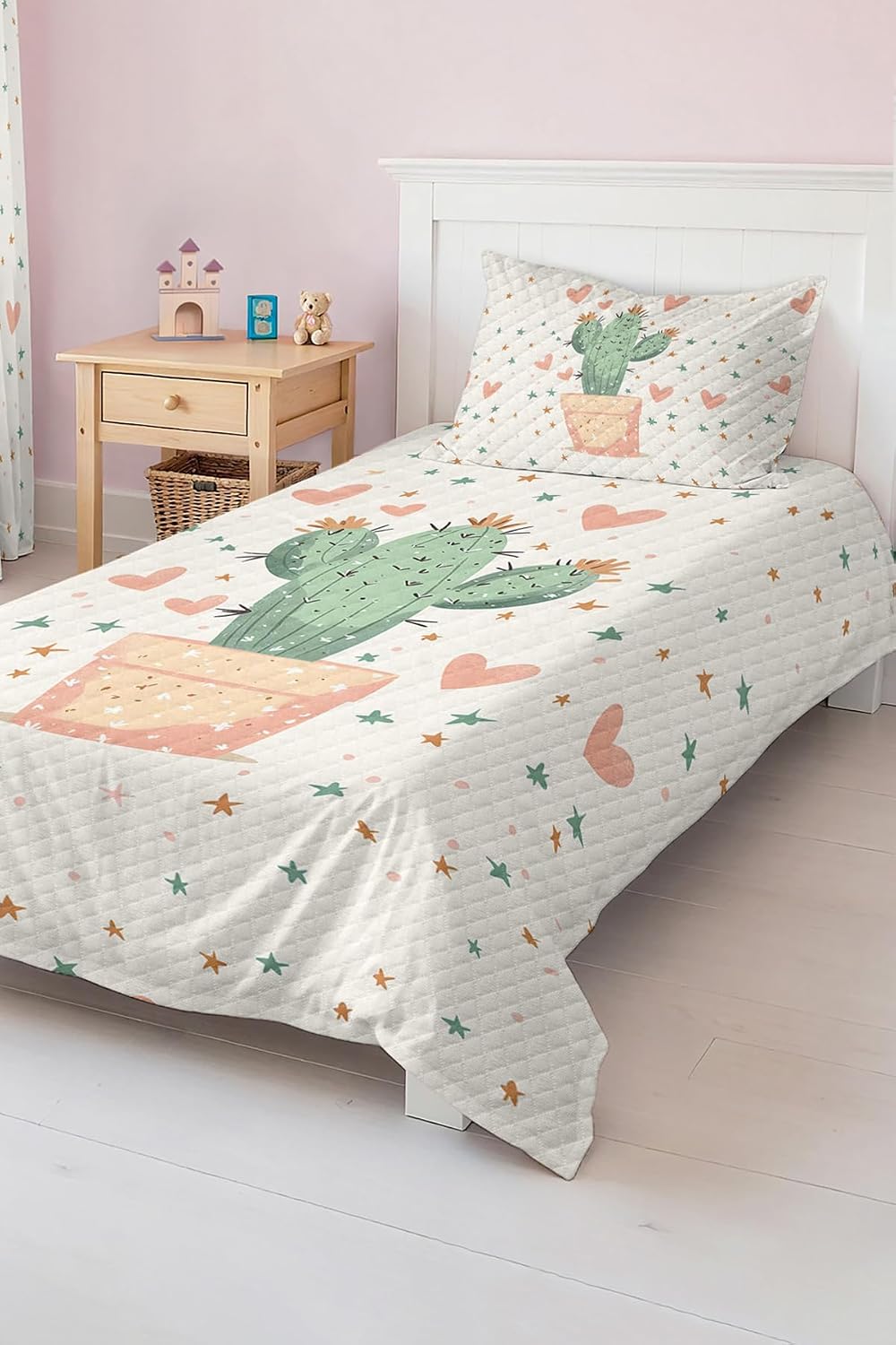 SODEF Bedding Set Twin Size Stars and Hearts Design for Kids and Teens, Pastel Colors Quilt Set with Pillow Sham, Soft Cotton Polyester Blend, Breathable - Multicolor, One Size