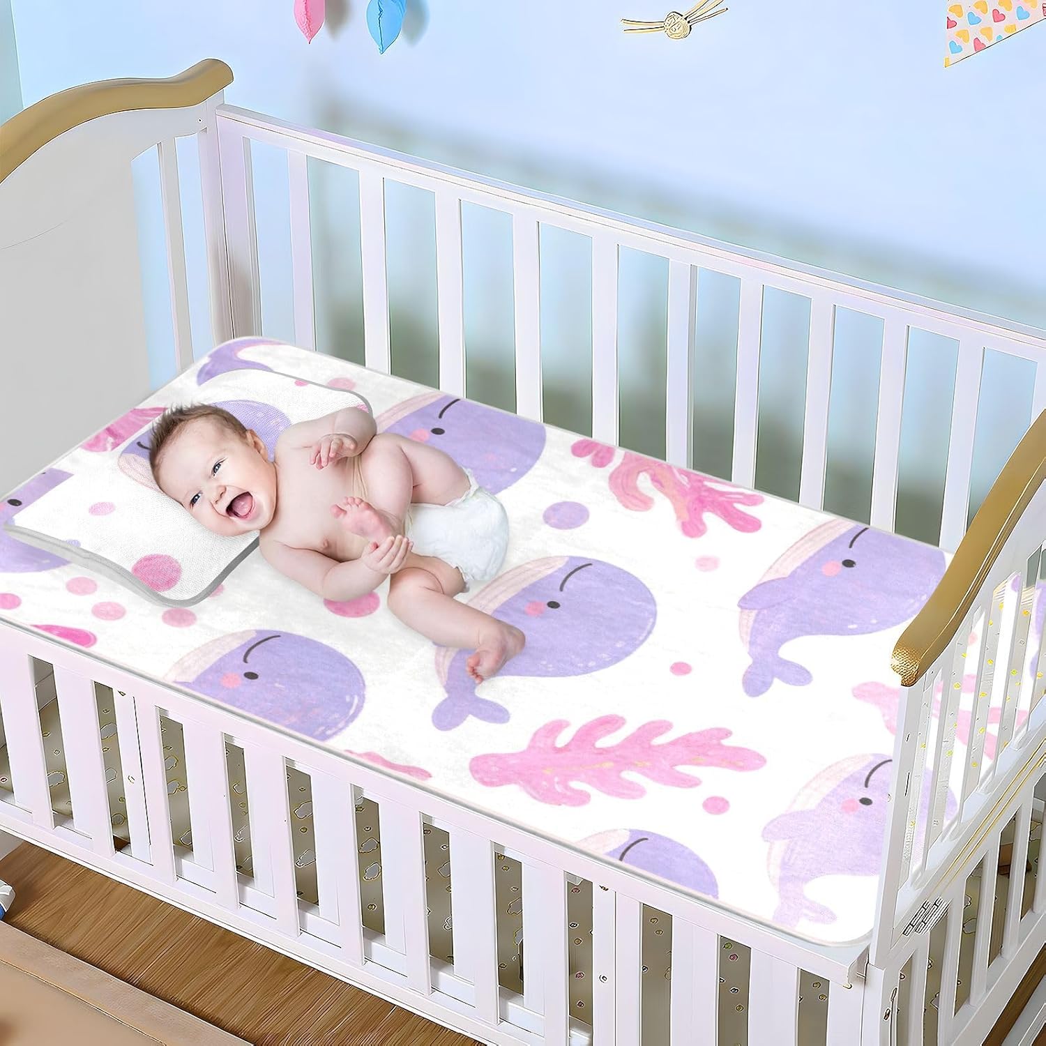 Cartoon Cute Purple Whale Cooling Baby Mattress pad 28" x 52" Breathable Crib Mattress pad for Baby&Toddler