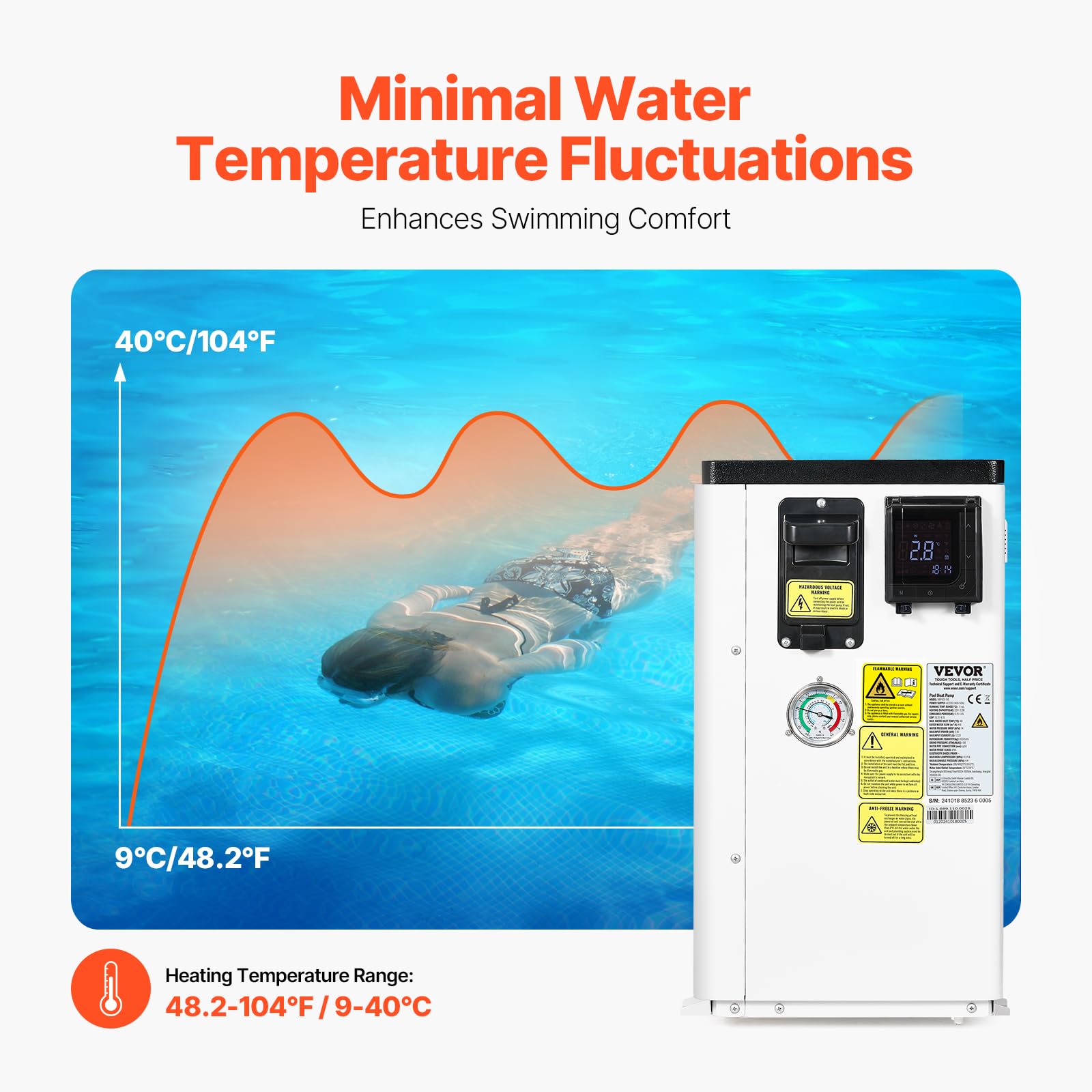 VEVOR Elektrische Pool-Wärmepumpe, 2,51–11,38 kW Heizleistung, energiesparende Poolheizungen mit variabler Frequenz für 25–50 m³ Aufstellpools, Heiz- und Kühlpool-Warmwasserbereiter AC 220–240 V 50 Hz