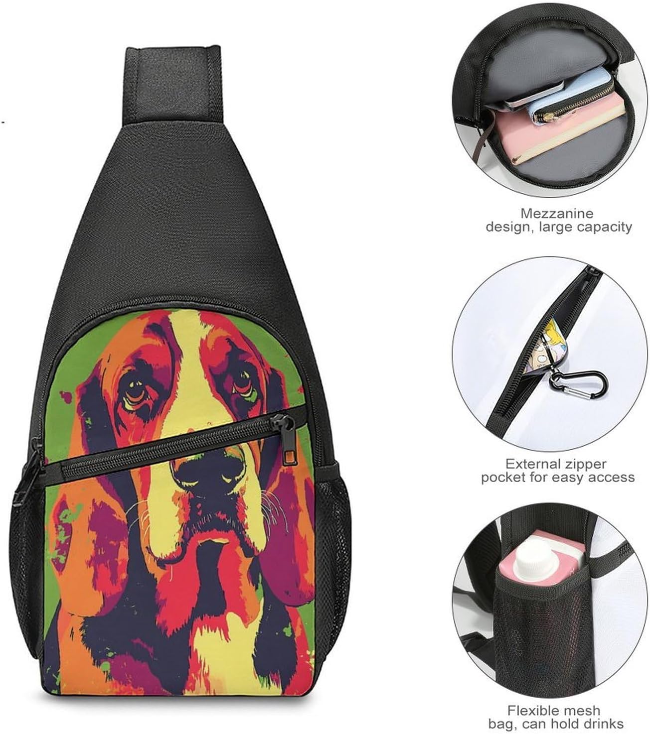 Basset Hound Dog Art Crossbody Sling Backpack Chest Bag Daypack | unisex,trendy,with convertible and detachable shoulder strap,side pockets