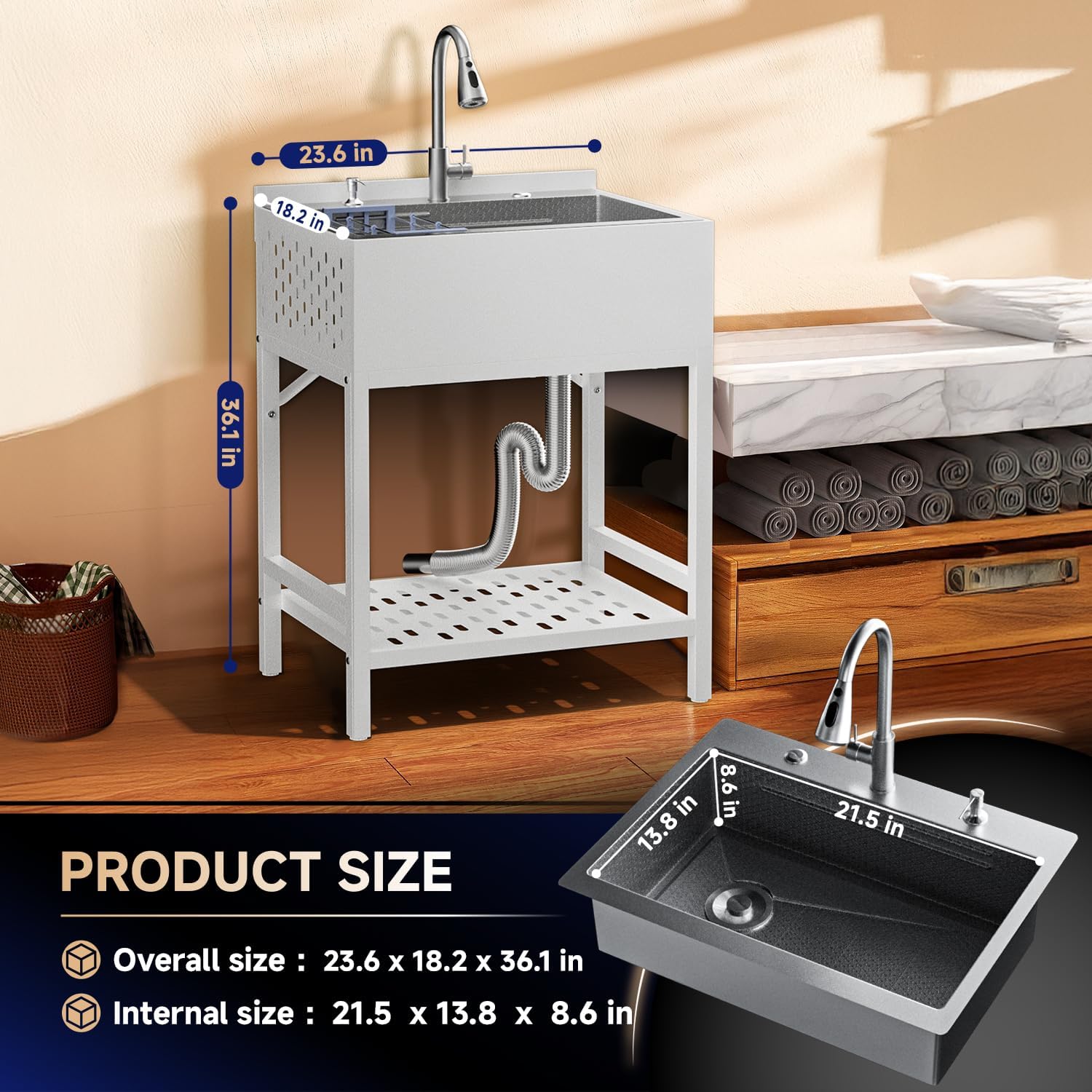 24" Freestanding Utility Sink,Heavy Duty Stainless Steel Laundry Room Sink,Commercial Kitchen Sinks with Hot & Cold Water for Garage,Kitchens Outdoor (24x18x36 White)