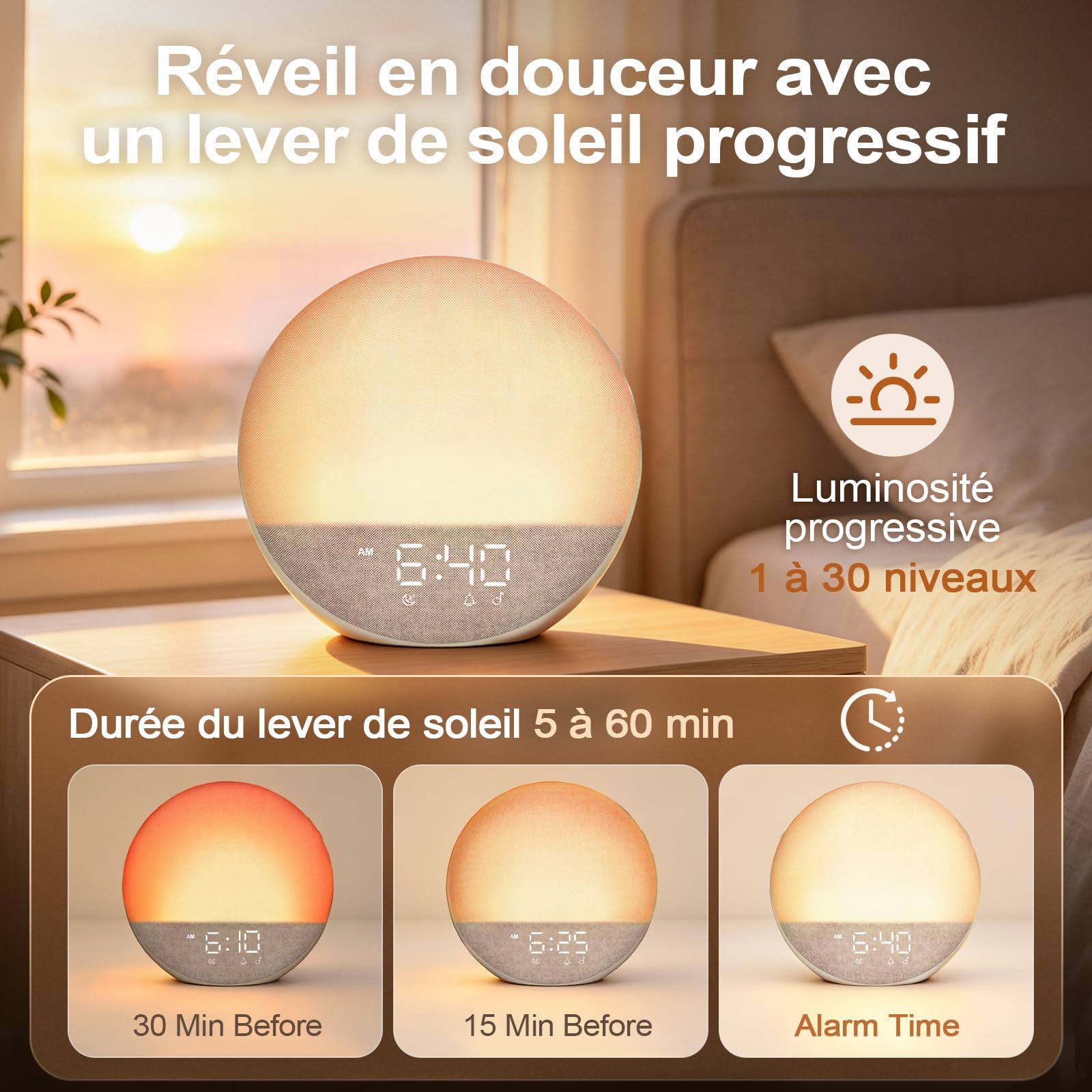 Réveil Simulateur d’Aube Bluetooth, Réveil Lumineux, Beige | 3 modes de réveil, 7 alarmes, haut-parleur 5 W, veilleuse RGB 12 couleurs et écran réglable 0–100 %, sans application
