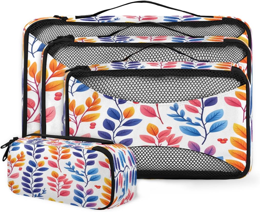 Color Leaves Print 4 Set Packing Cubes Packing Cubes for Women Lightweight Travel Essential Bag Clothes Carry on Suitcase Bags for Accessories Essentials