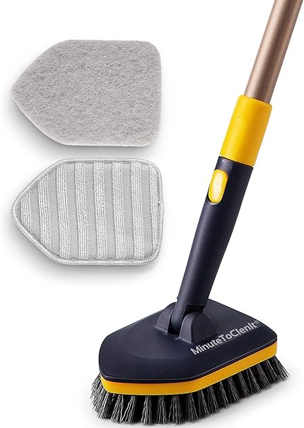 Bathroom Cleaning Brush with Long Handle, Hard Bristels, Microfiber Pad & Scrubber Combo For Tiles, Floor, Toilet, Window & Glass - 58.2 Inch Extendable Pole, Detachable Head, Yellow