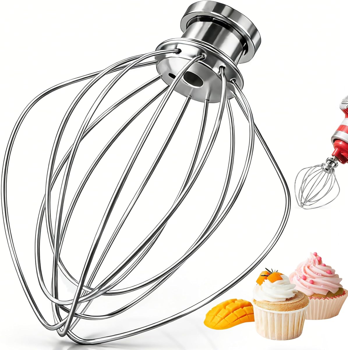 Batidor de acero inoxidable K45WW para batidora de pie con cabezal inclinable KitchenAid de 4,5 a 5 cuartos de galón | Accesorio para batidor de alambre, cubo + alambre de acero inoxidable, apto para lavavajillas, accesorio para batidor para huevos, crema y glaseado